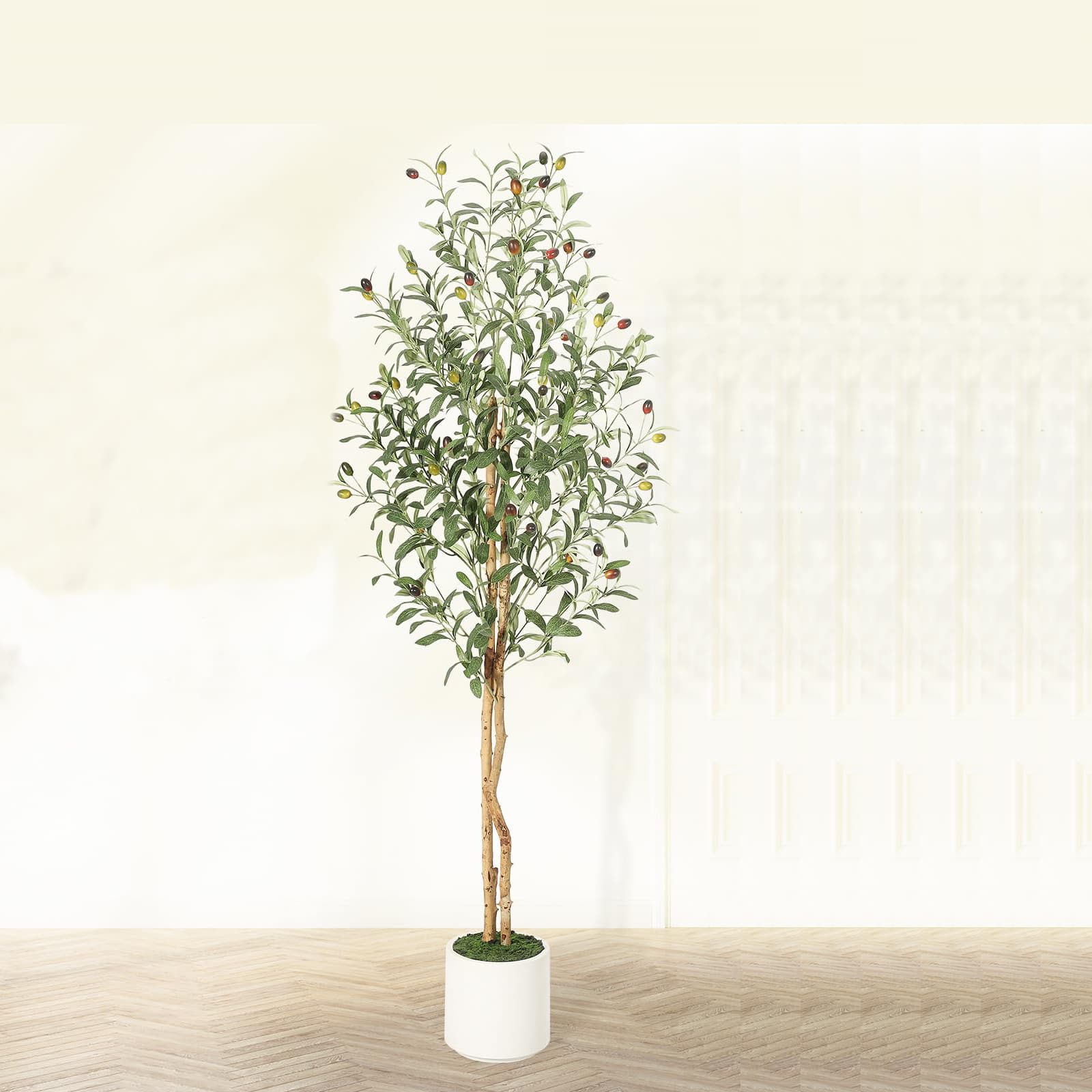 Homhougo - 5FT Artificial Olive Tree – Silk Leaves, Natural Wood Trunk, White Planter with Moss, Indoor Use - Green