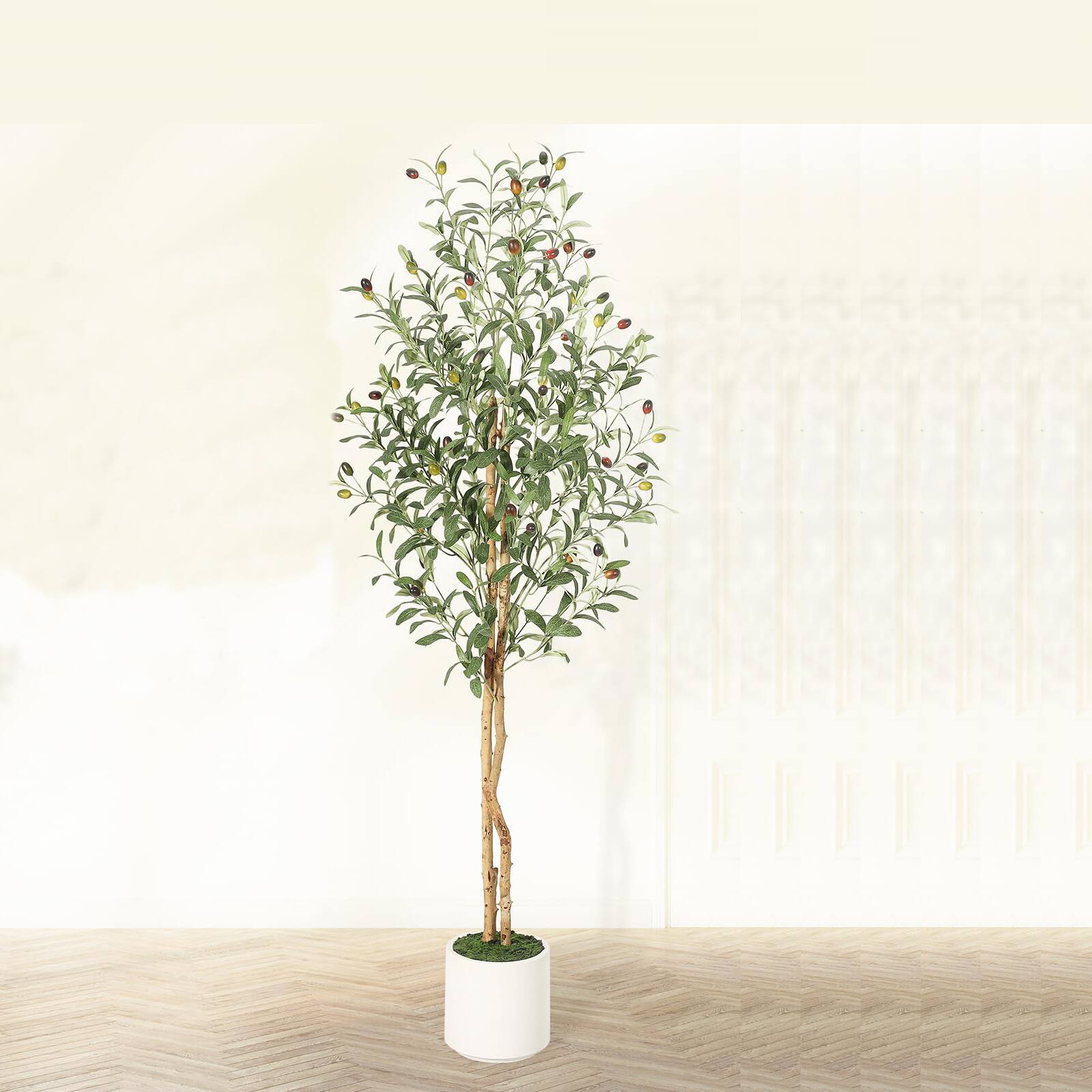 Front. Homhougo - Olive Trees Artificial Indoor, 7FT Tall Faux Silk Plant White Planter,with Natural Wood Trunk and Green Fake Moss,1 PCS - Green.