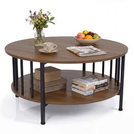 Gymax - 32.5'' 2-Tier Round Coffee Table w/ Storage Shelf & Picketed Metal Accents Walnut - Brown