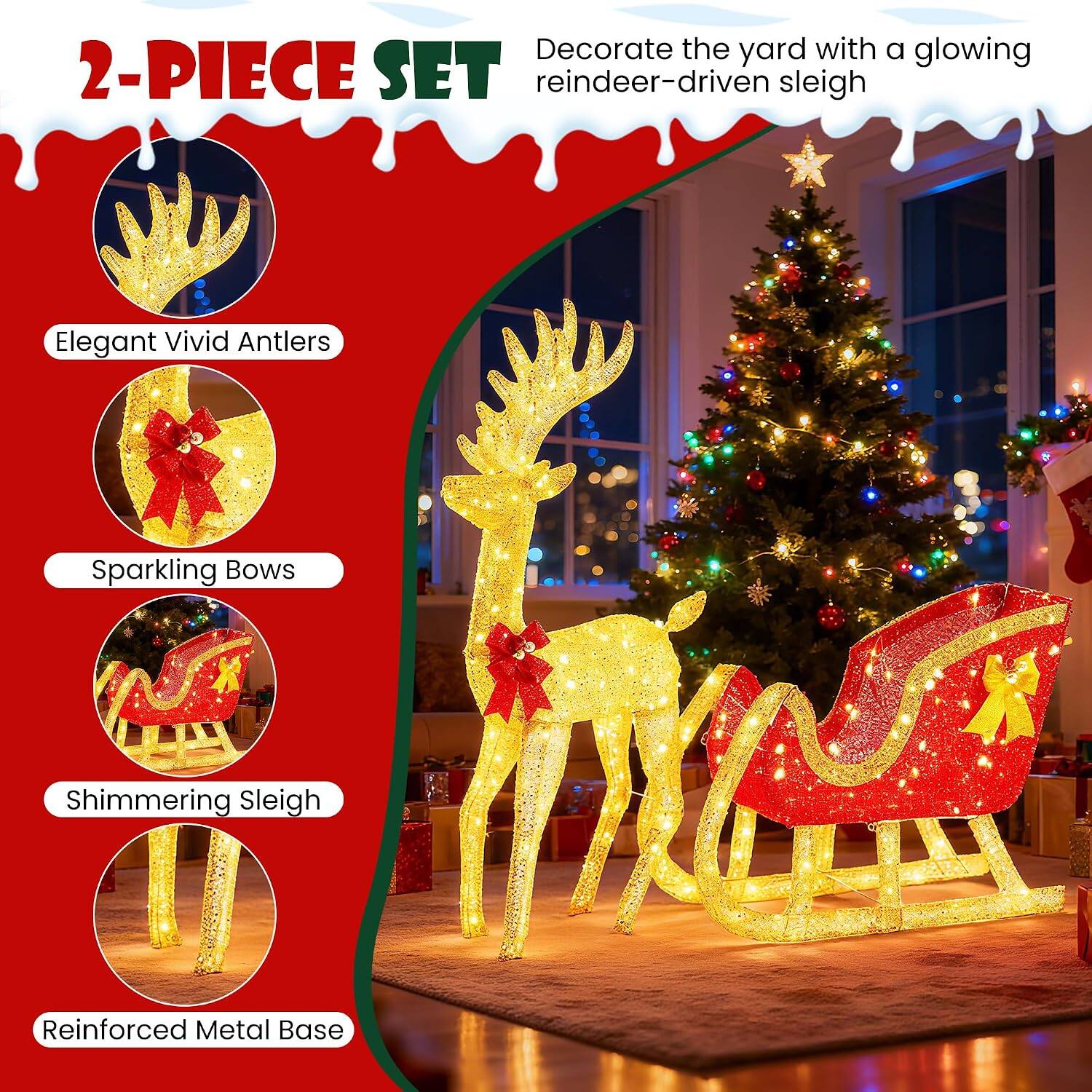 Decorate the yard with a glowing 2-PIECE SET reindeer-driven sleigh

- Elegant Vivid Antlers
- Sparkling Bows
- Shimmering Sleigh
- Reinforced Metal Base
