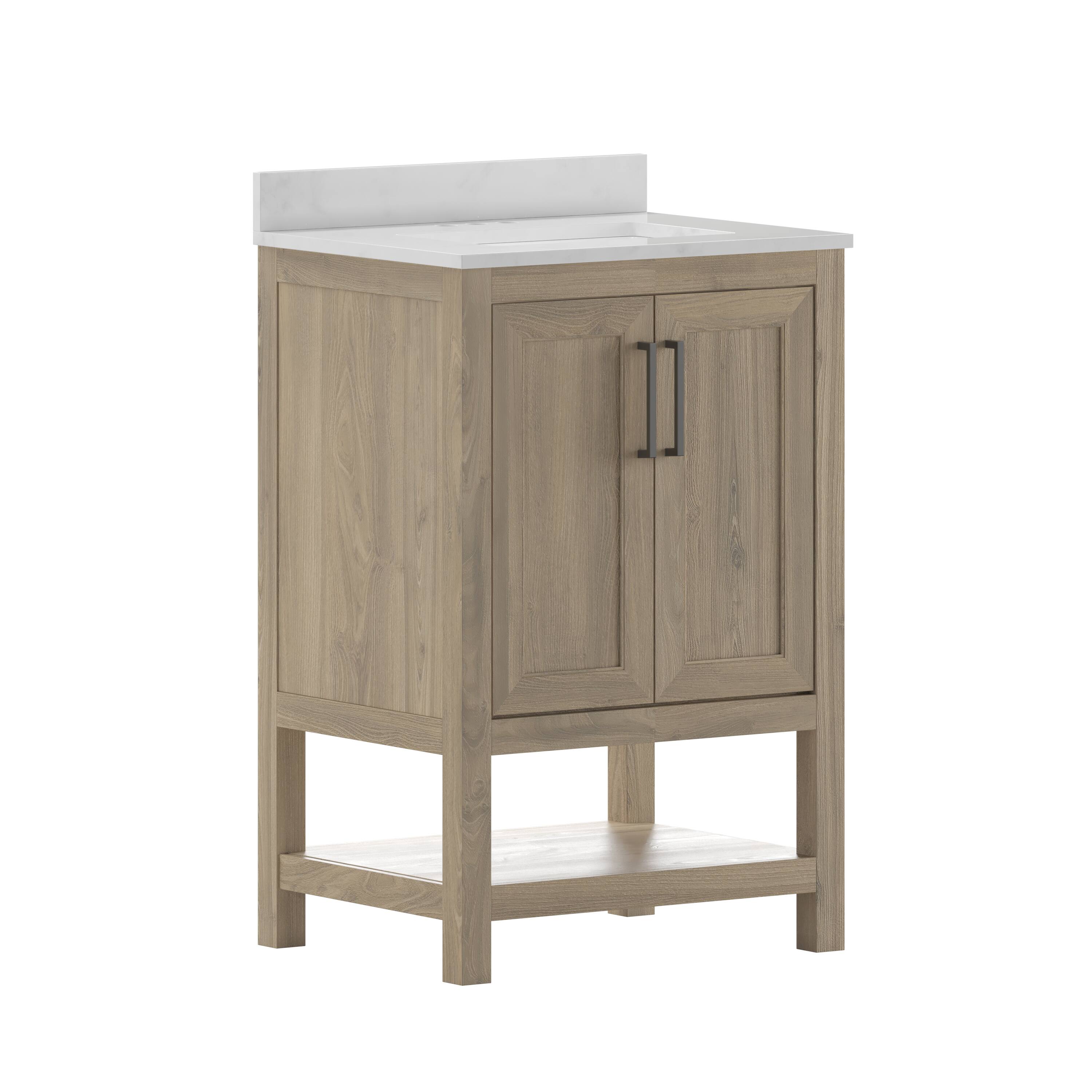 Alt View 1. Emma + Oliver - Vesta Bathroom Vanity, Single Sink Cabinet with 2 Soft Close Doors and Open Shelf, Carrara Marble Finish Countertop - Brown.