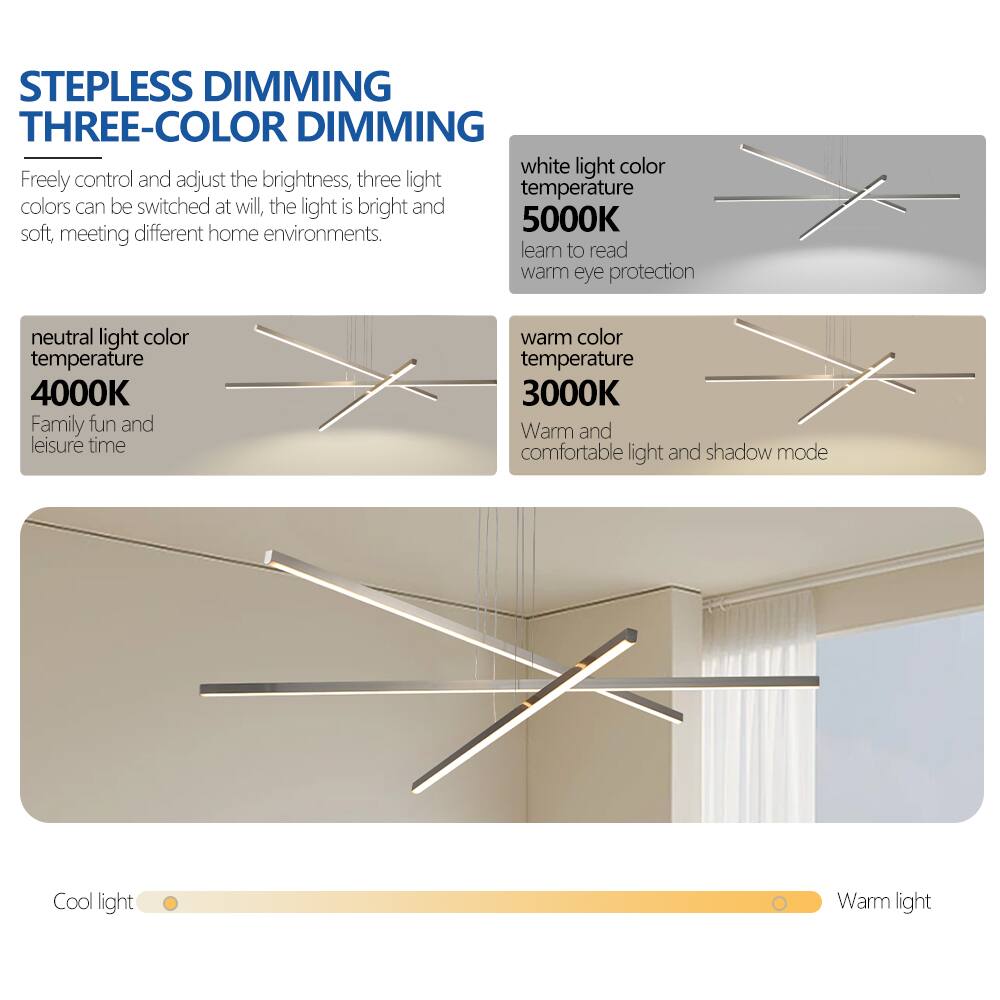 **STEPLESS DIMMING THREE-COLOR DIMMING**

Freely control and adjust the brightness, three light colors can be switched at will, the light is bright and soft, meeting different home environments.

- **neutral light color temperature 4000K**
  - Family fun and leisure time

- **white light color temperature 5000K**
  - learn to read warm eye protection

- **warm color temperature 3000K**
  - Warm and comfortable light and shadow mode

Cool light Warm light