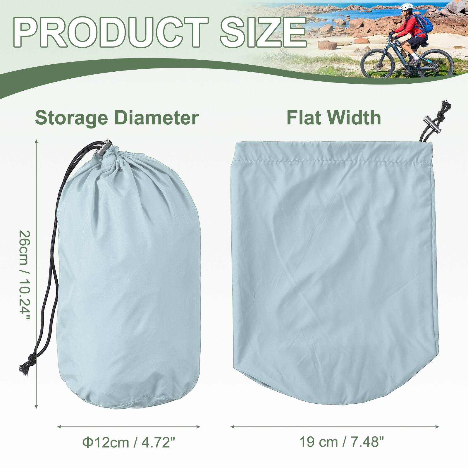 PRODUCT SIZE

Storage Diameter  
26cm / 10.24"  
Φ12cm / 4.72"

Flat Width  
19 cm / 7.48"