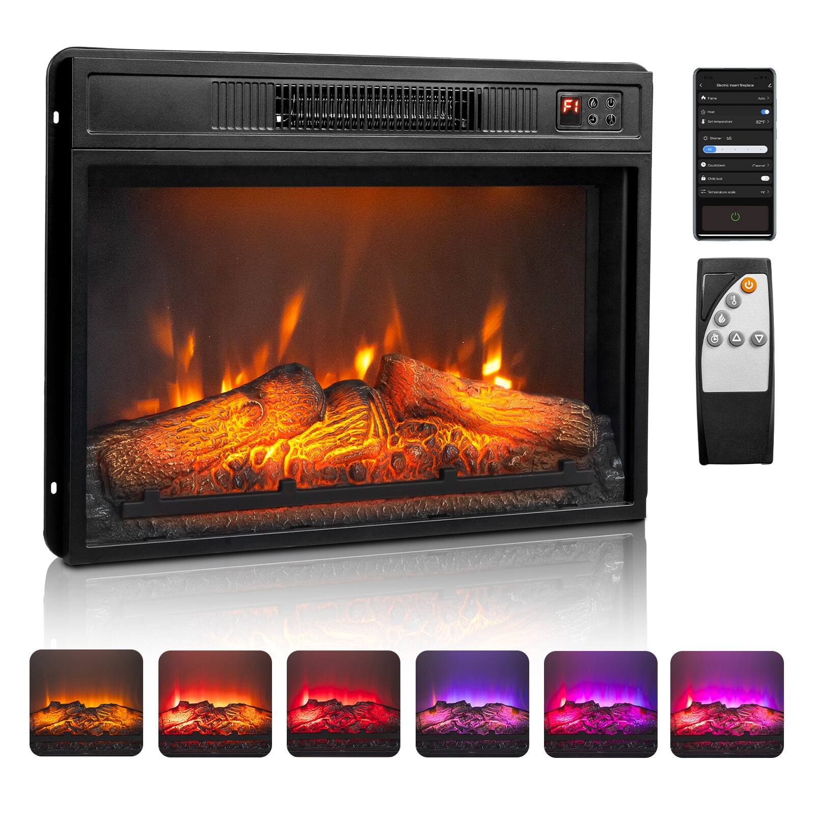Front. Winado - 23" WiFi Smart Electric Fireplace Insert, 1400W Wall Recessed Fireplace Heater with 6 Flame Settings, Remote Control - Black.