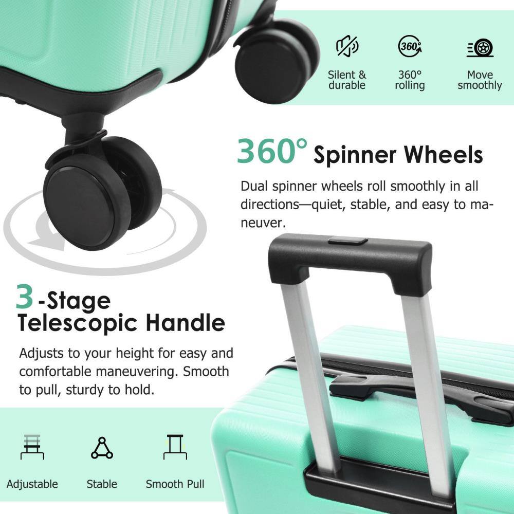 360° Spinner Wheels  
Dual spinner wheels roll smoothly in all directions—quiet, stable, and easy to maneuver.

3-Stage Telescopic Handle  
Adjusts to your height for easy and comfortable maneuvering. Smooth to pull, sturdy to hold.

Silent & durable  
360° rolling  
Move smoothly

Adjustable  
Stable  
Smooth Pull