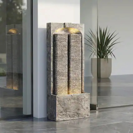 Front. Mondawe - 39 in Cascading Outdoor Water Fountain with LED Lights and Quiet Pump - Brown.