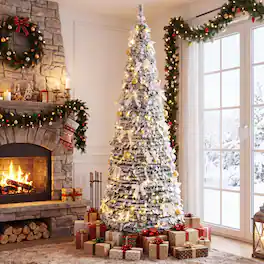 Gymax - 7 ft Pop Up Flocked Christmas Tree w/30 Christmas Bows 50 Balls 180 LED Lights White - Green