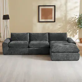 Loheer - Chenille Sectional Sofa 119 Inch Modern Minimalist Couch with Ottoman - Dark Gray