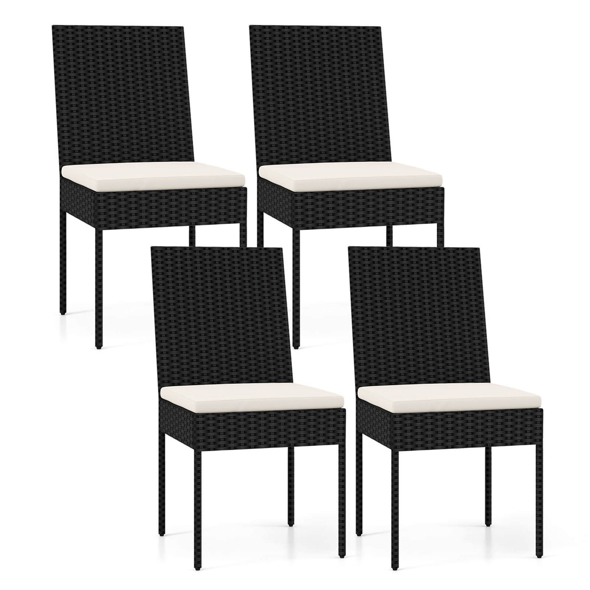 Front. Costway - PE Wicker Patio Chairs Set of 4 Outdoor Dining Chairs with Cushions - Off White,Black.