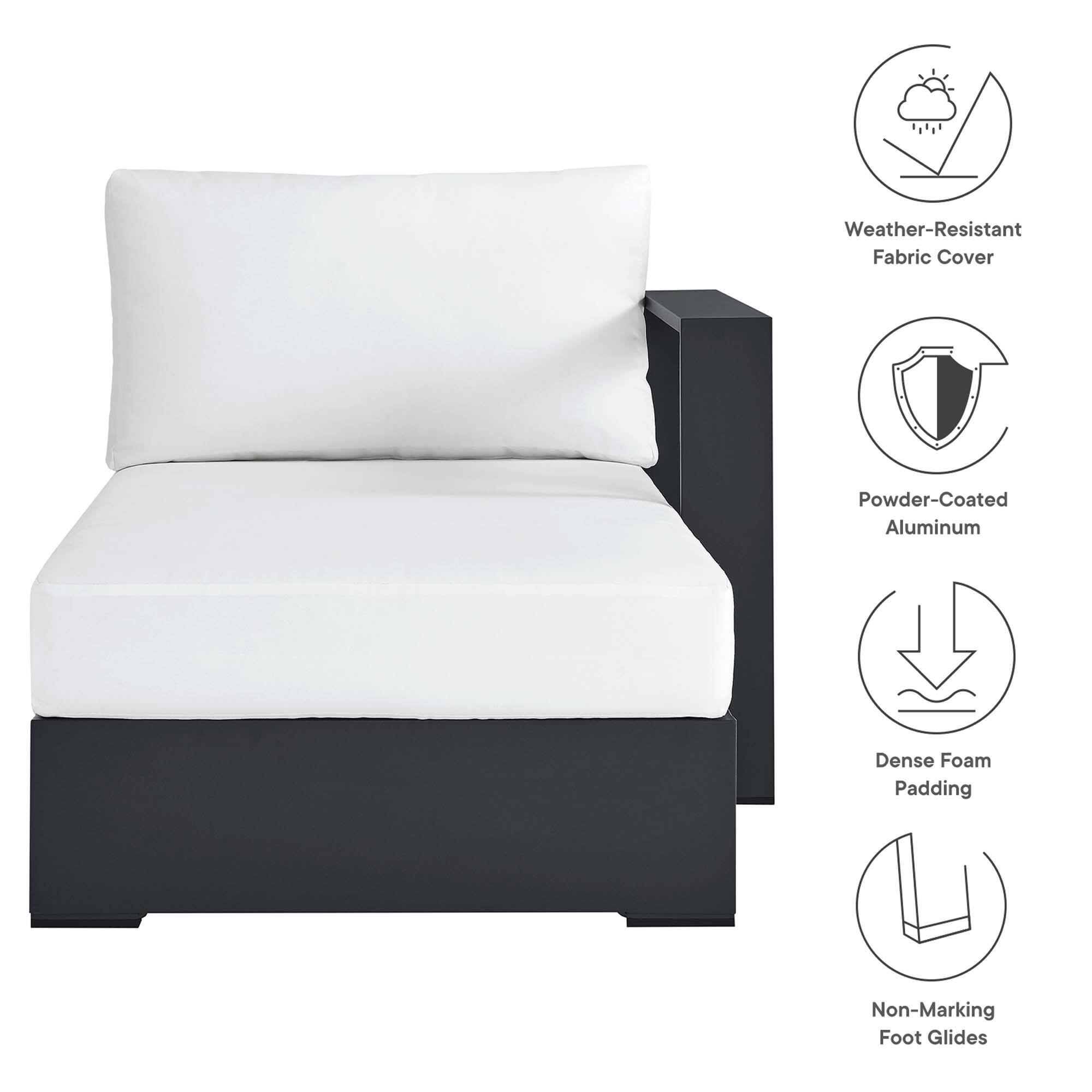 - Weather-Resistant Fabric Cover
- Powder-Coated Aluminum
- Dense Foam Padding
- Non-Marking Foot Glides