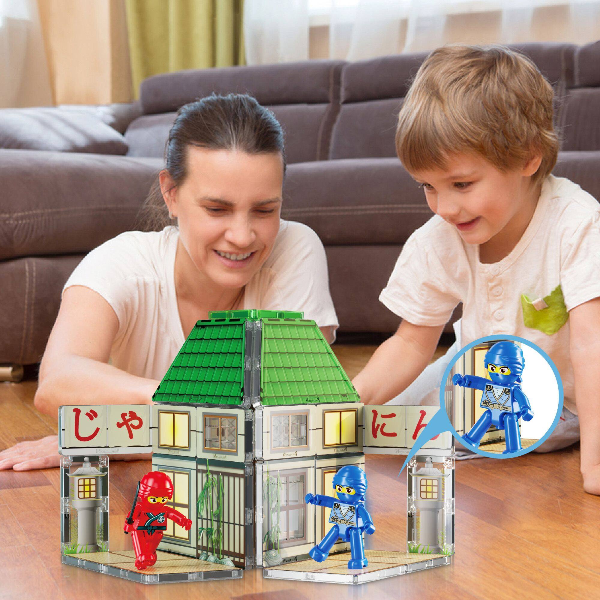 Alt View 3. PicassoTiles - PICASSO-TILES Magnetic Tiles for Kids, Ninja Dojo House Theme with Ninjas Weapon Accessories, STEM Building Blocks Toy - Multicolor.