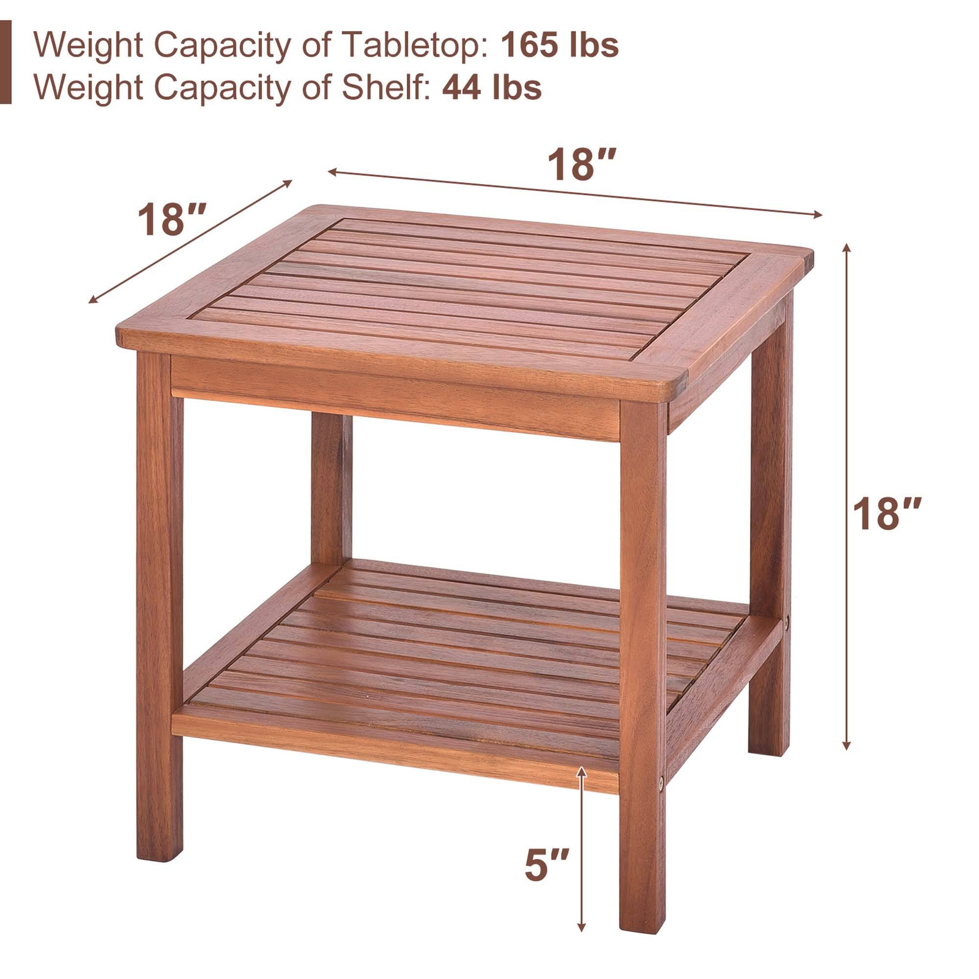 Weight Capacity of Tabletop: 165 lbs  
Weight Capacity of Shelf: 44 lbs  

18"  
18"  
18"  
5"