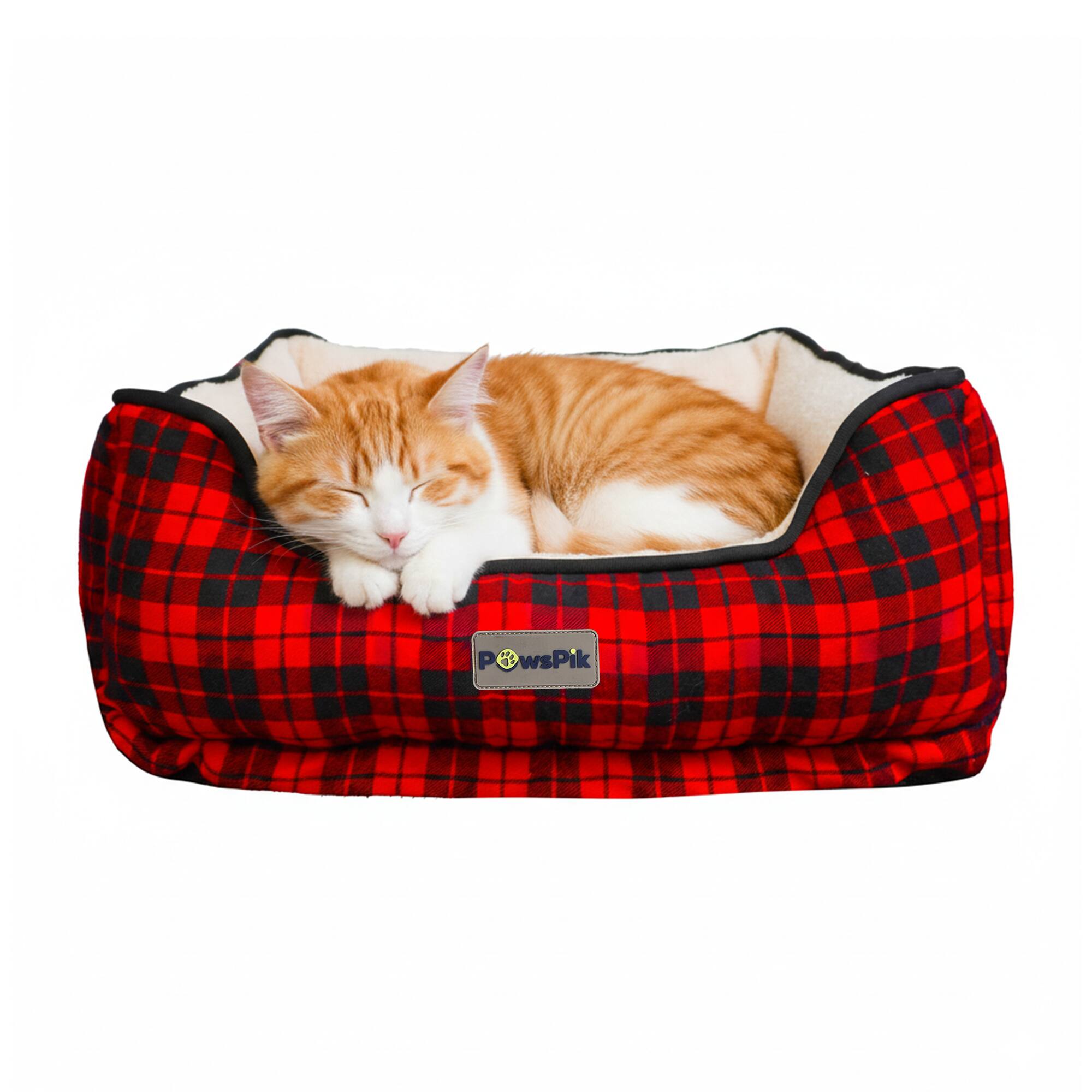 Front. PawsPik - PawsPik Cozy Fleece & Plush Cat & Dog Orthopedic Bolster Bed, Red Flannel - Red Flannel.