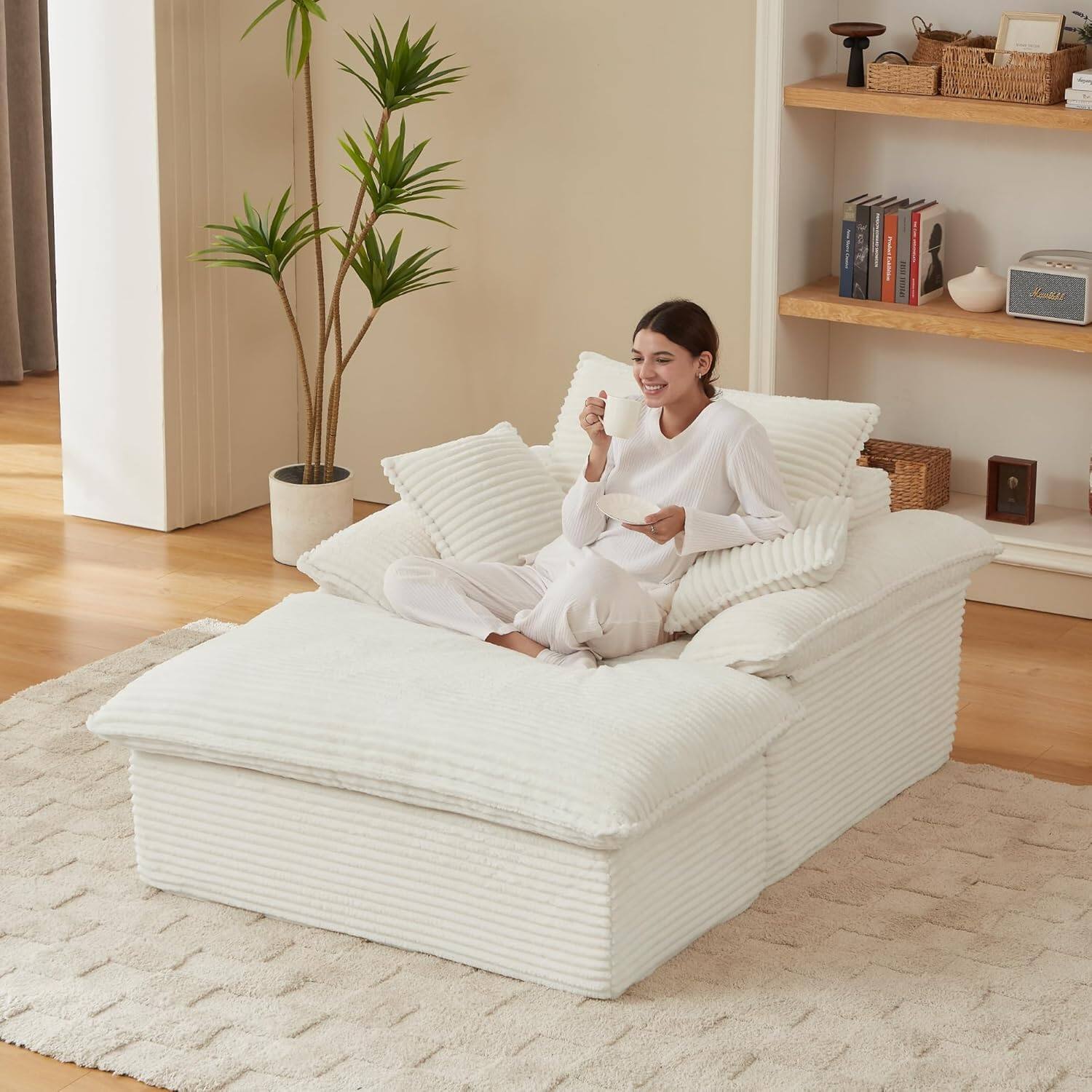 Alt View 2. Trinkets Crazed - Modern Oversized Single Sofa Chair with Footrest Upholstered Chaise Lounge - white.