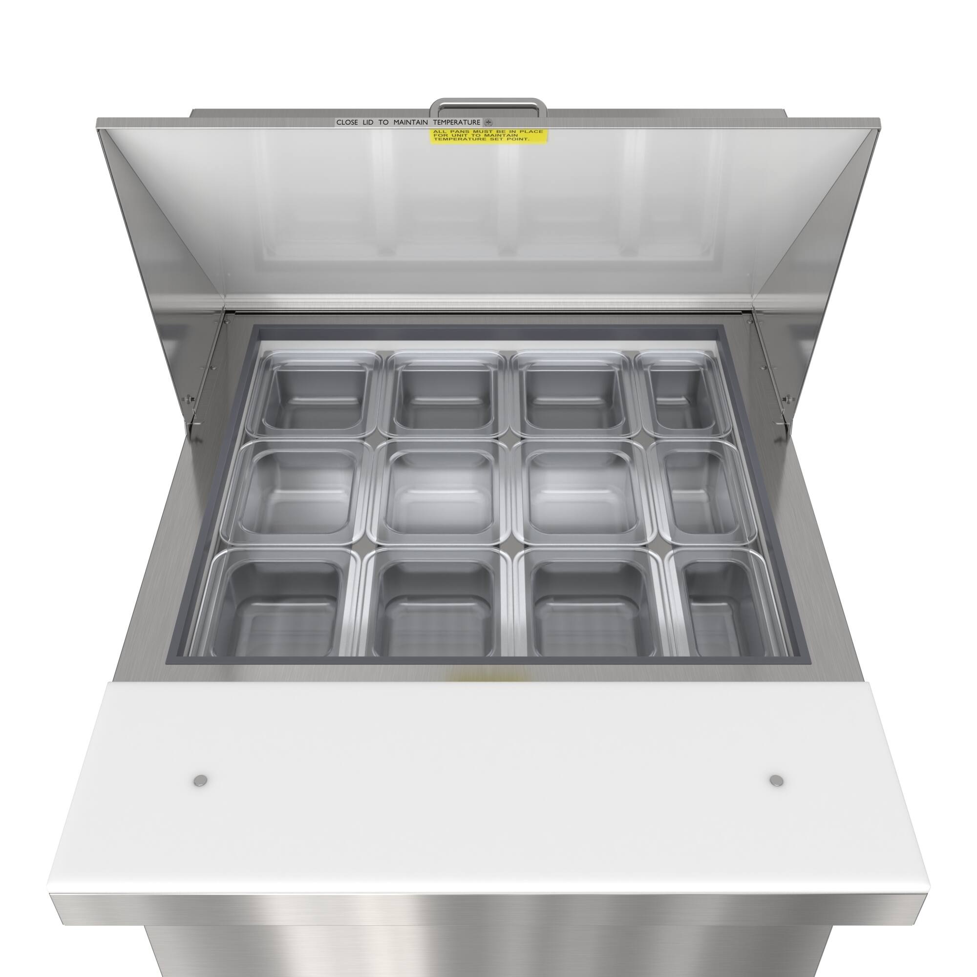 Certainly! Here is the corrected and grouped text from the image:

---

**Top Label:**
- CLOSE LID TO MAINTAIN TEMPERATURE
- DO NOT REMOVE LID WHILE UNIT IS ON

**Yellow Warning Label:**
- WARNING: DO NOT PLACE HANDS OR OBJECTS INSIDE UNIT WHILE UNIT IS ON

**Temperature Settings:**
- BOT o 10 HANNTAIN TEMPERATURE - H : C2 - ada | Cr | - C

---