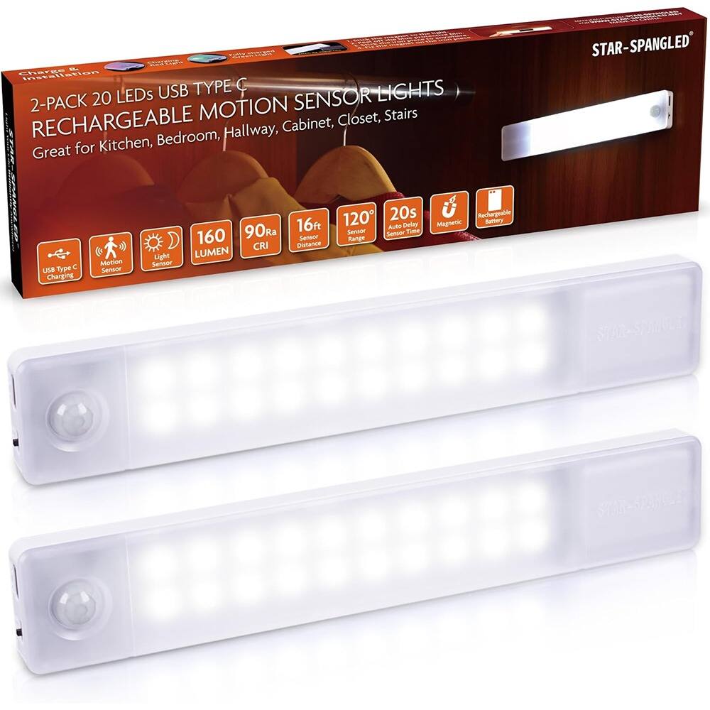 - Charee installation USB TYPE C LIGHTS 2-PACK 20 LEDs SENSOR MOTION Closet, Stairs RECHARGEABLE Bedroom, Hallway, Cabinet, Great for Kitchen, STAR-SPANGLED Type C USB Charging Motion Sensor Light Sensor 160 90Ra CRI LUMEN 16ft Sensor Distance 120 20s Auto Delay Sensor Time Range Rechargeable Magnetic Battery
Corrected text:
- Charee installation USB TYPE C LIGHTS 2-PACK 20 LEDs RECHARGEABLE MOTION SENSOR LIGHTS Great for Kitchen, Bedroom, Hallway, Cabinet, Closet, Stairs
- USB Type C Charging
- Motion Sensor
- Light Sensor
- 160 LUMEN
- 90Ra CRI
- 16ft Sensor Distance
- 120° Sensor Range
- 20s Auto Delay Sensor Time
- Rechargeable Magnetic Battery