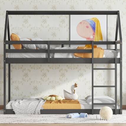 Front. GOODSILO - House-Shaped Twin Over Twin Rubber Wood Bunk Bed with Ladder and Guardrails for Kids - Black.
