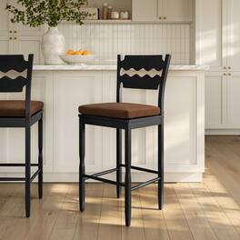 Jax Oak Wood Bar Stool With Wavy Razor Back and Cushion by Modway - Black Cocoa