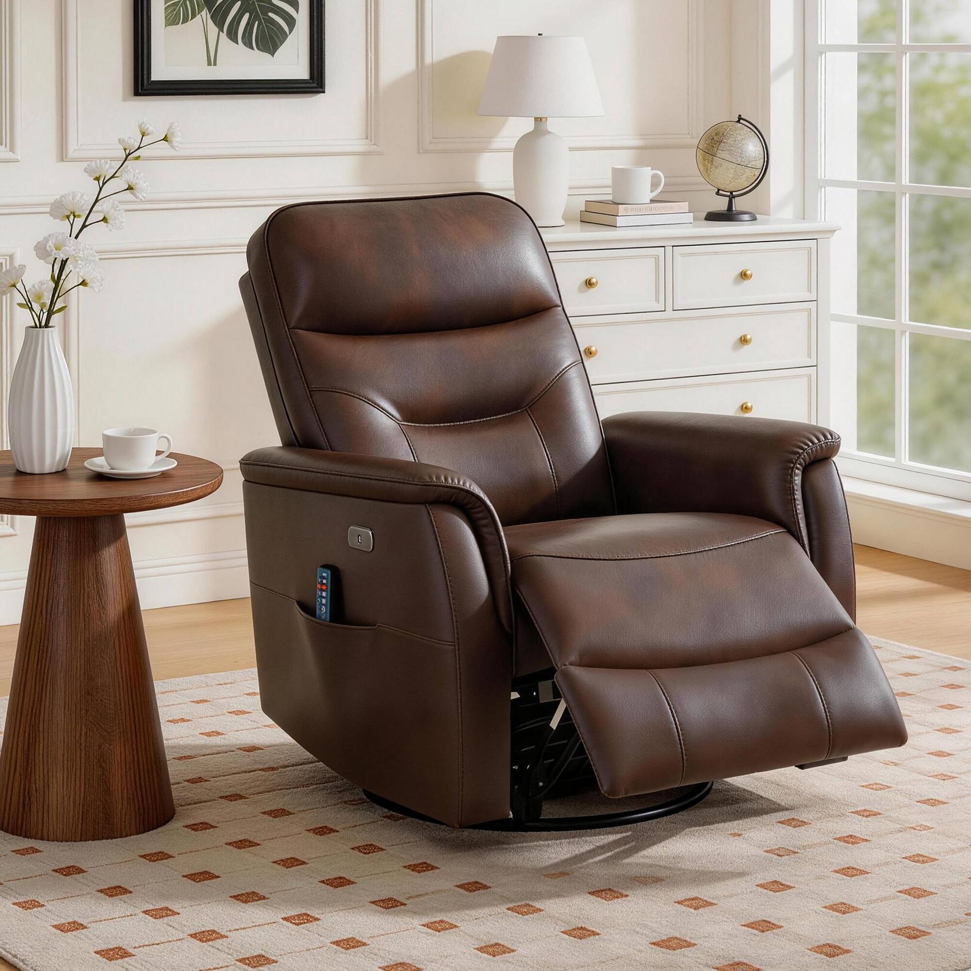 Alt View 6. KERDOM - Swivel Powered Recliner Armchair with Heat and Massage, USB Charge Port, Side Pockets, PU Leather Glider Rocking Chair - Brown.