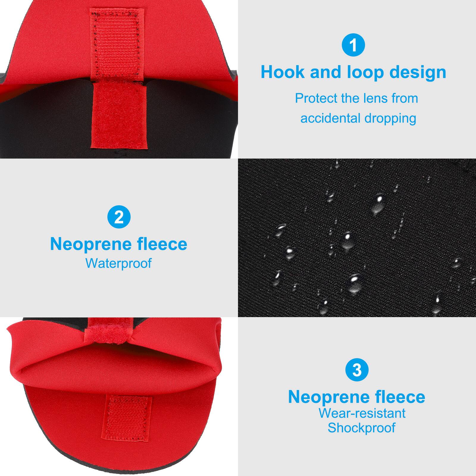 1. Hook and loop design  
   Protect the lens from accidental dropping  

2. Neoprene fleece  
   Waterproof  

3. Neoprene fleece  
   Wear-resistant  
   Shockproof