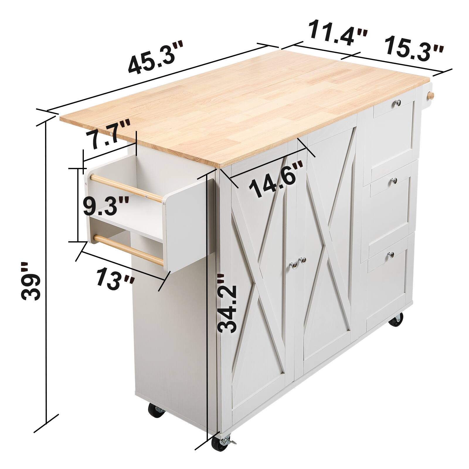 Length: 45.3", Width: 15.3", Depth: 39", Height: 34.2", Drawer Depth: 14.6", Drawer Width: 11.4", Drawer Height: 13", Shelf Depth: 9.3", Shelf Width: 7.7"