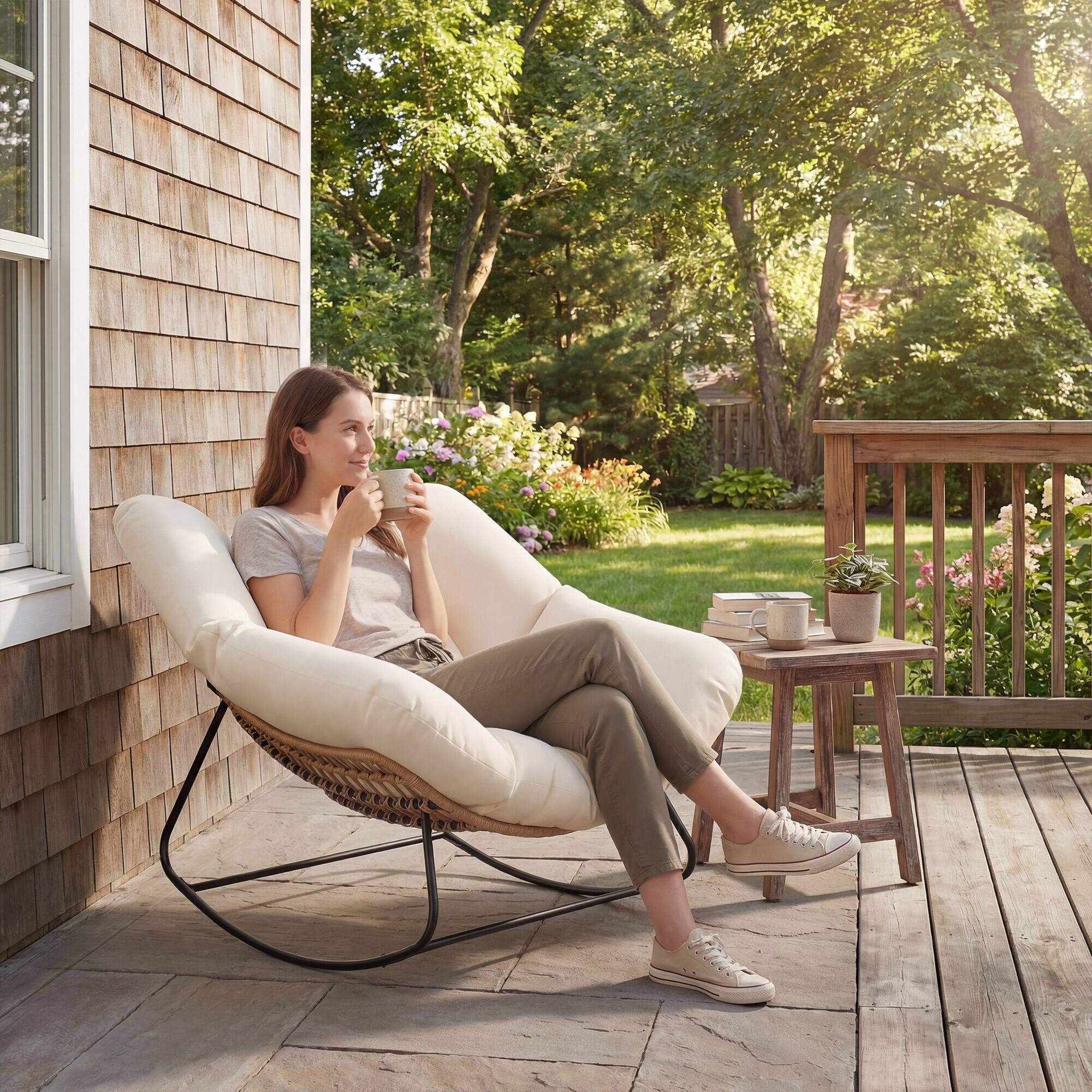 Alt View 8. Outsunny - Outdoor Papasan Rocking Chair, Oversized Rocking Egg Chair with Cushion for Garden - Beige.