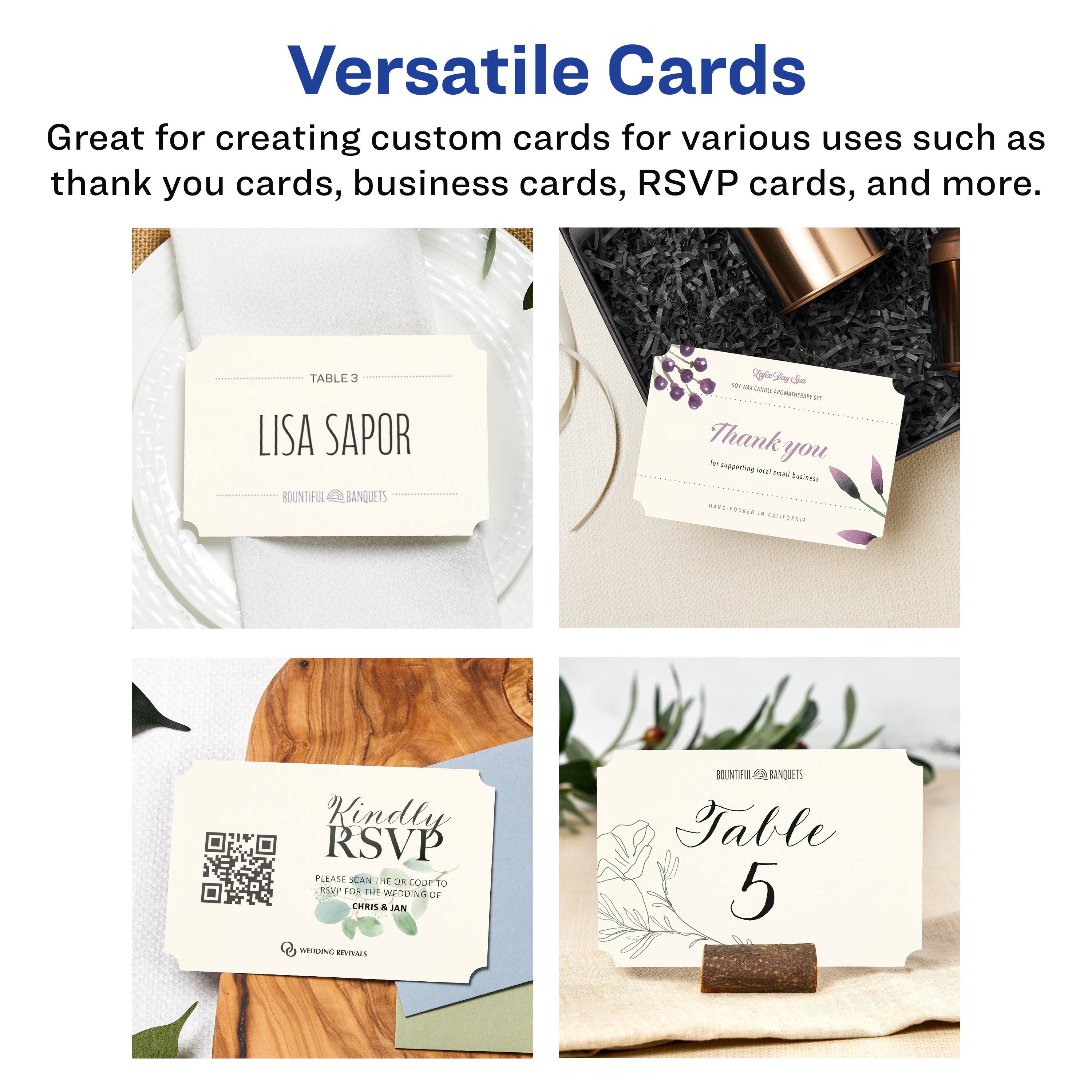 Versatile Cards

Great for creating custom cards for various uses such as thank you cards, business cards, RSVP cards, and more.

TABLE 3  
LISA SAPOR  
BOUNTIFUL BANQUETS  

Thank you  
for supporting local small business  
HAND-PRINTED IN CALIFORNIA  

Kindly RSVP  
PLEASE SCAN THE QR CODE TO RSVP FOR THE WEDDING OF  
CHRIS & JAN  
WEDDING REVIEWS  

Table 5  
BOUNTIFUL BANQUETS