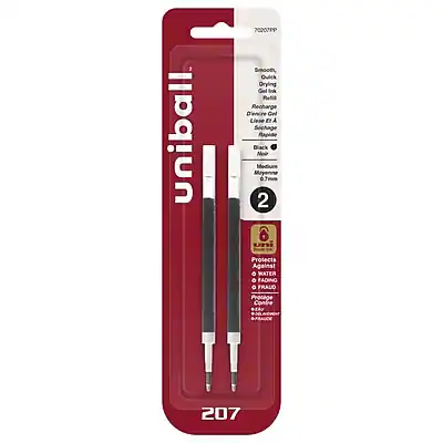 Uniball 70207PP Smooth Quick Drying Gel Ink Refill Recharge D'Encre Gel Livse D'Encre Sichage Rapide Black Nei Medium 0.7mm 2 UN Protects Against Water Fading Pronege Contre l'Eau 207