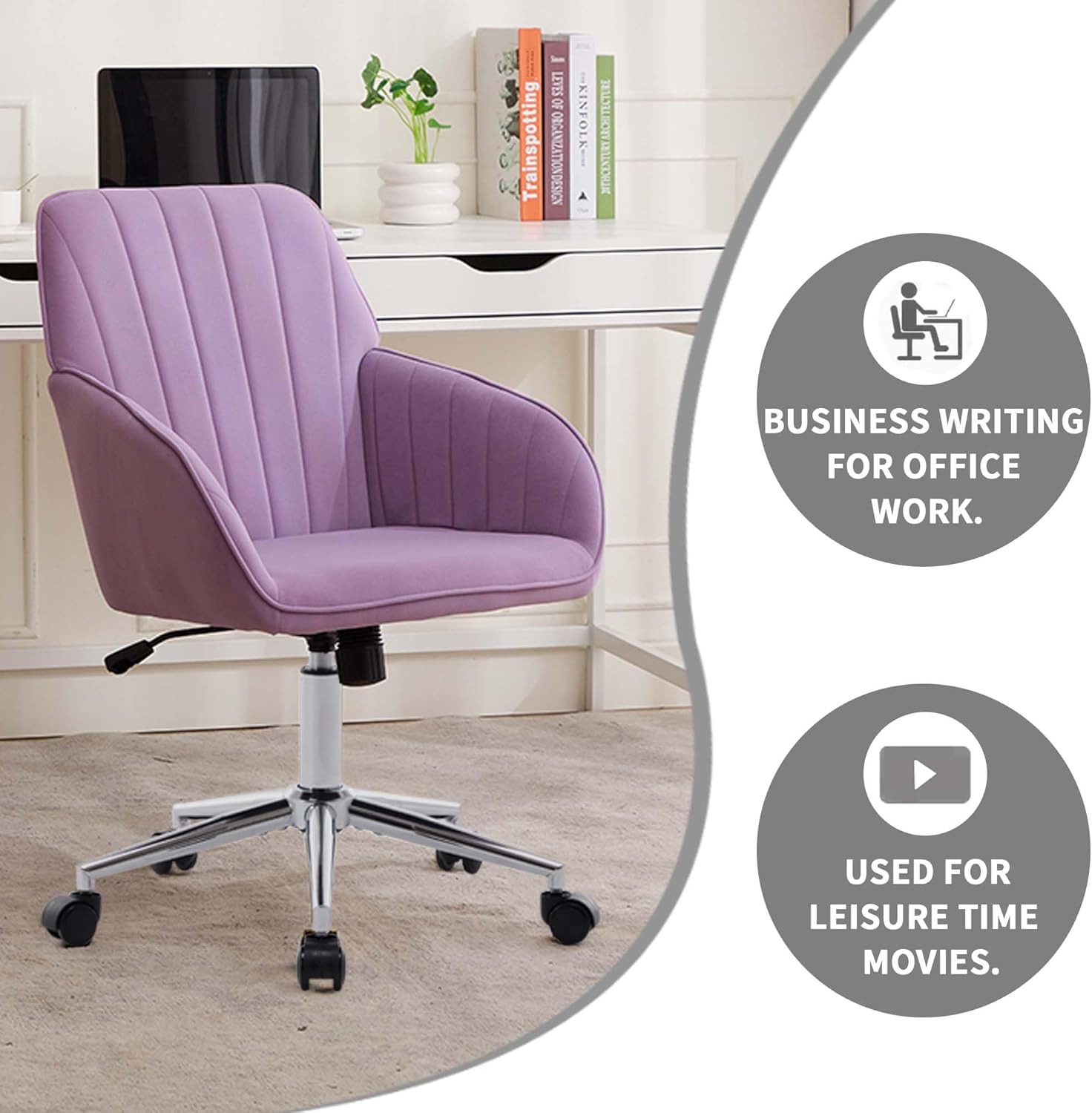 Trinkets Crazed - 24.6" Velvet Office Chair, Ergonomic Swivel Desk Chair with Memory Foam Seat - Adjustable Height Computer Chair - Thumbnail 5