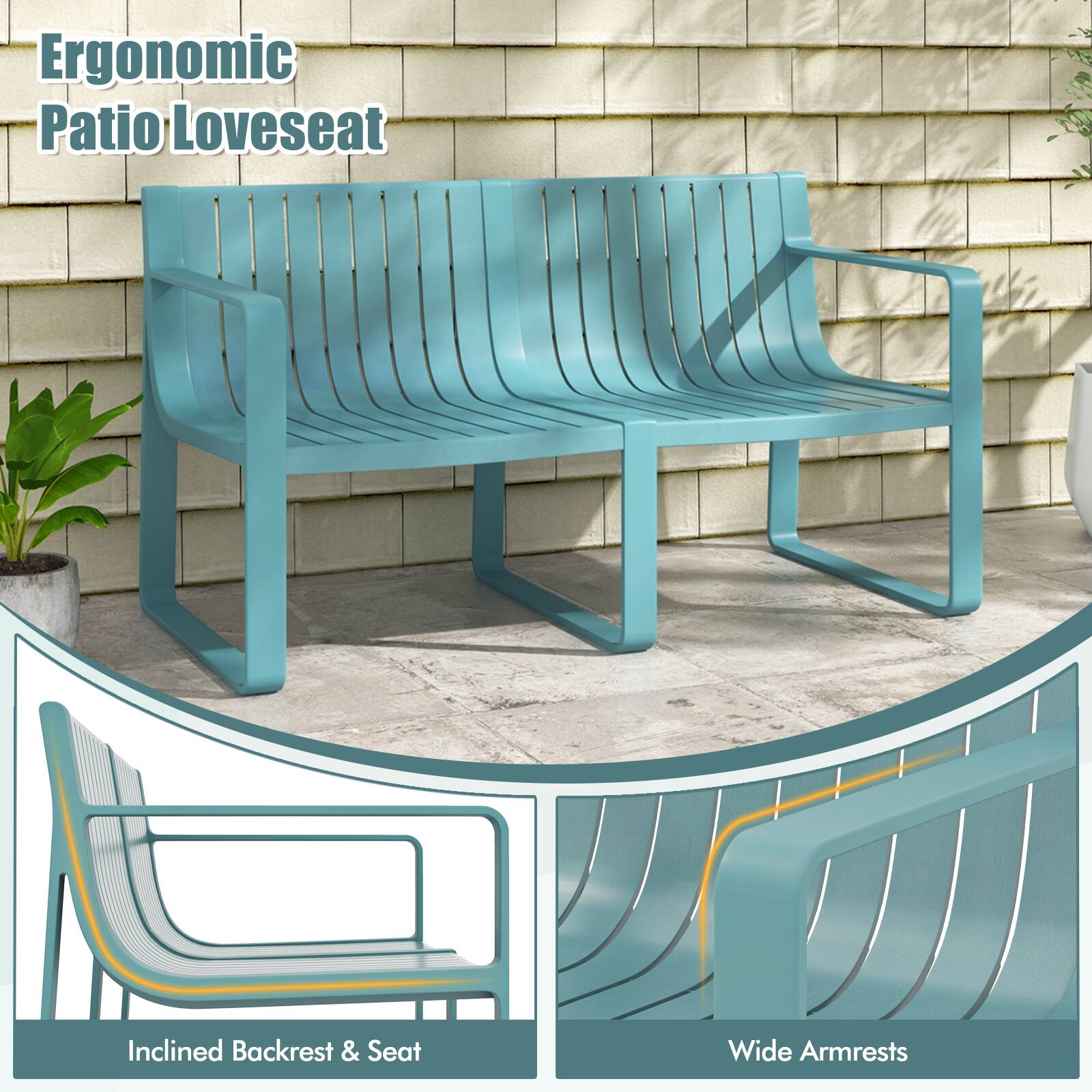 Ergonomic Patio Loveseat Inclined Backrest & Seat Wide Armrests