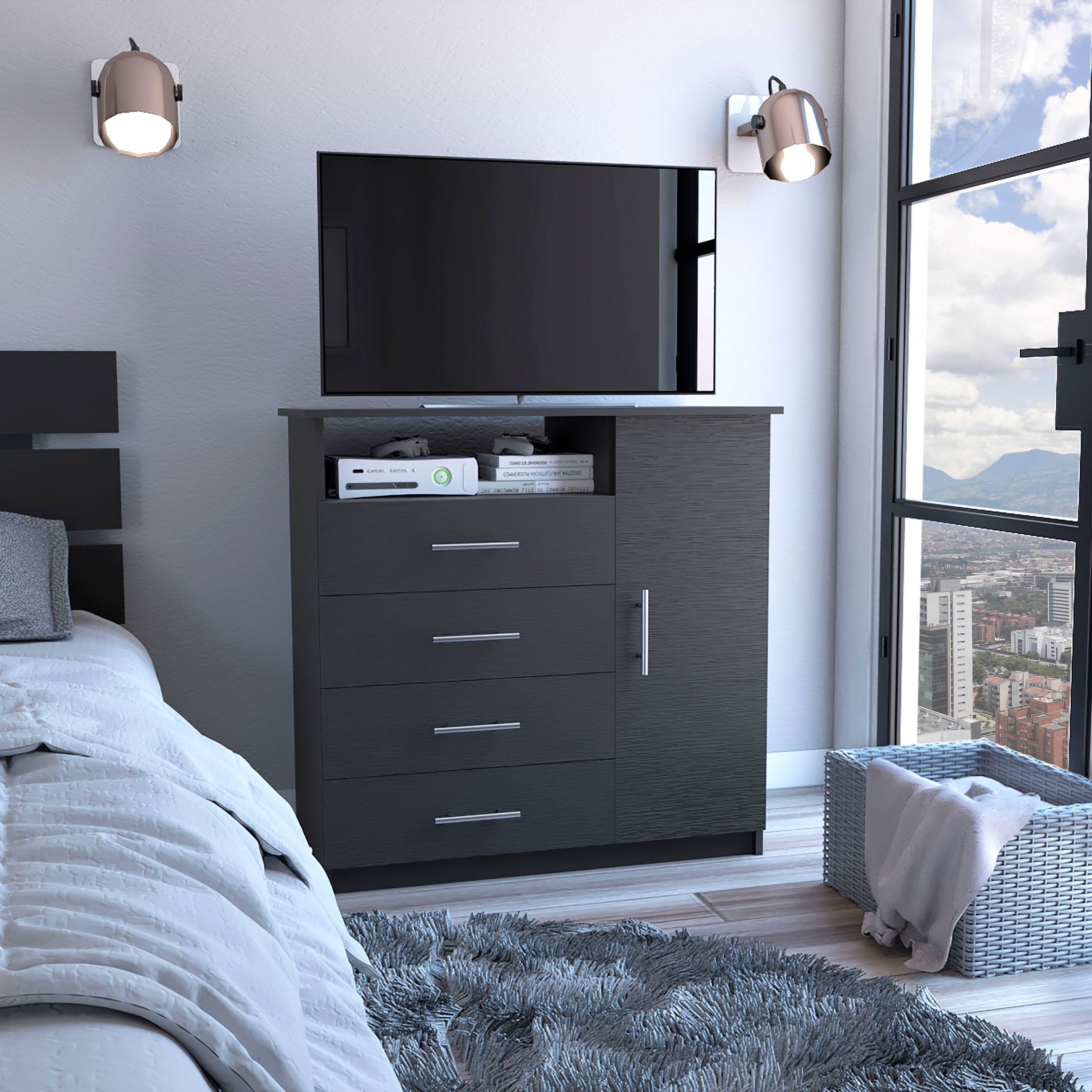 Angle. TuHome - Peru 4 Drawer Dresser, Single Door Cabinet, One Open Shelf, Superior Top - Black.