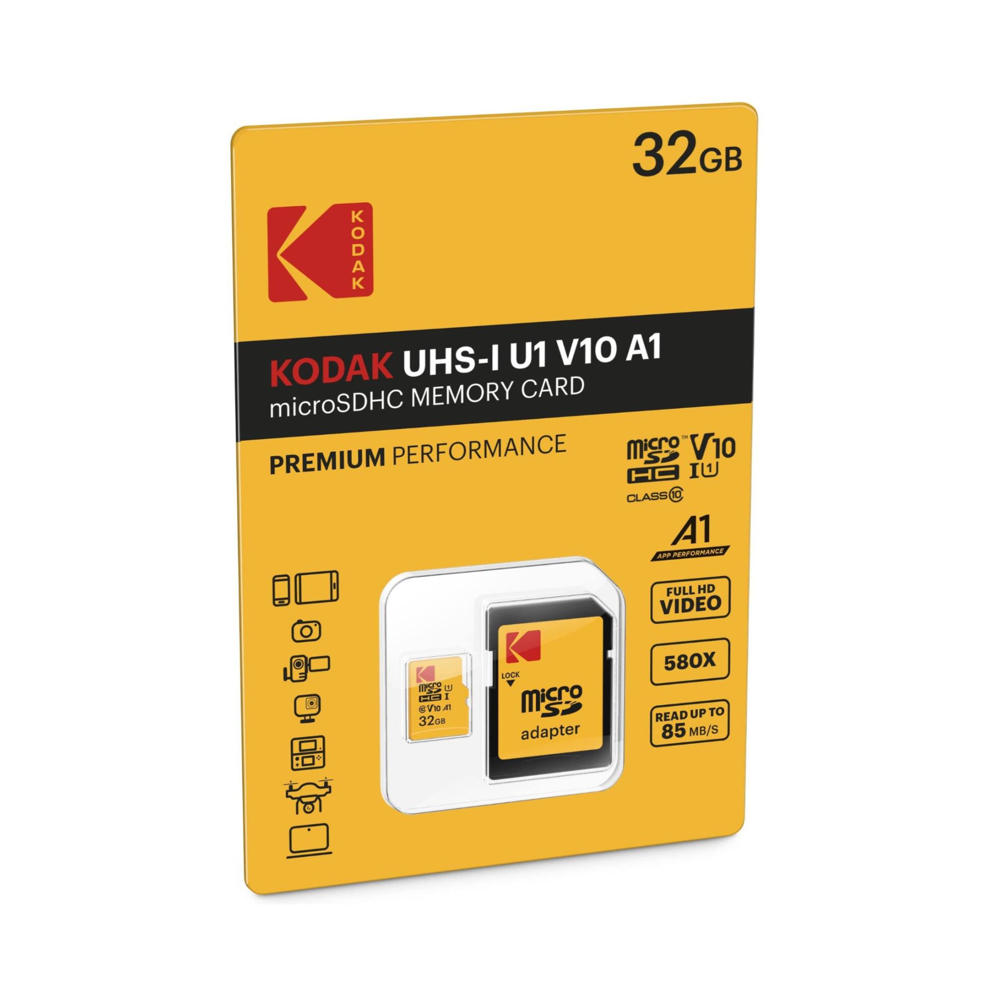 32GB UHS-I U1 V10 A1 KODAK microSDHC MEMORY CARD PREMIUM PERFORMANCE FULL HD VIDEO 580X READ UP TO 85 MB/S