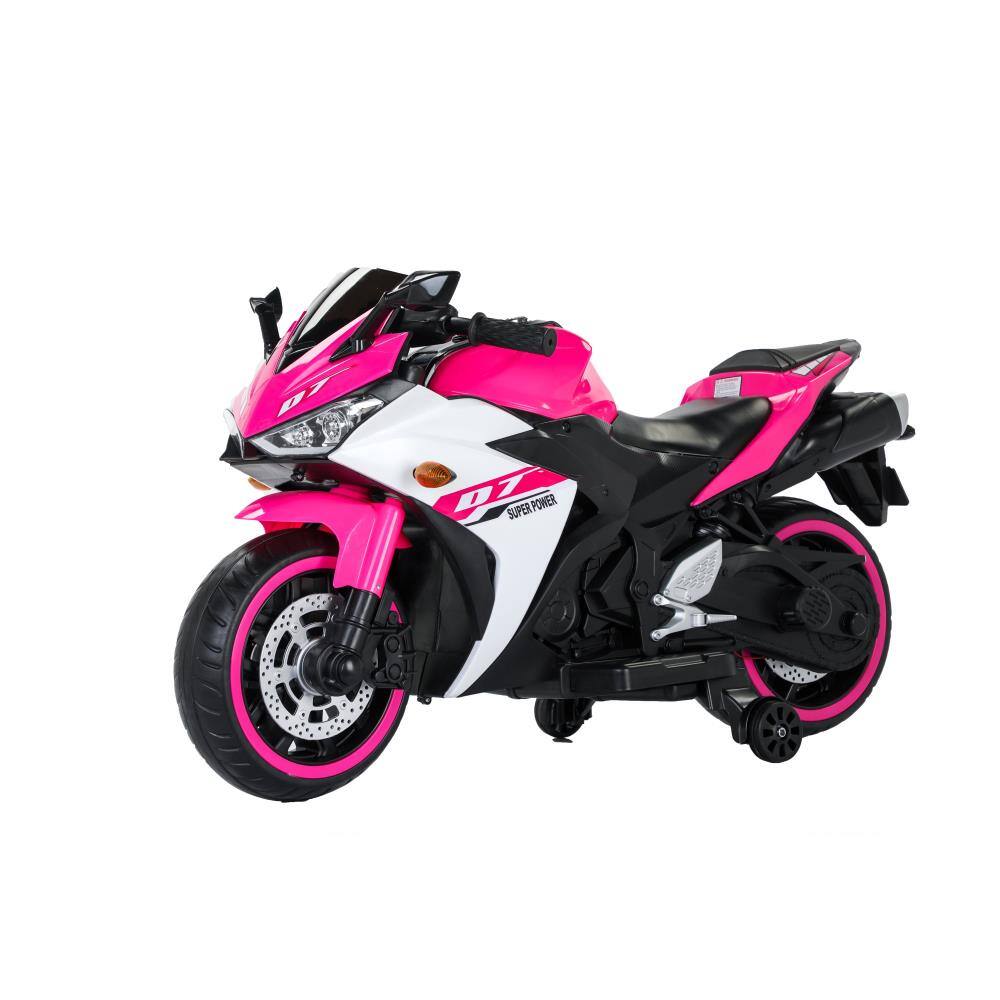 BreeBe - 12V Electric Kids Motorcycle Ride On Toy for Boys & Girls 3-6 Years with Training Wheels, Manual Throttle & Lights - Pink