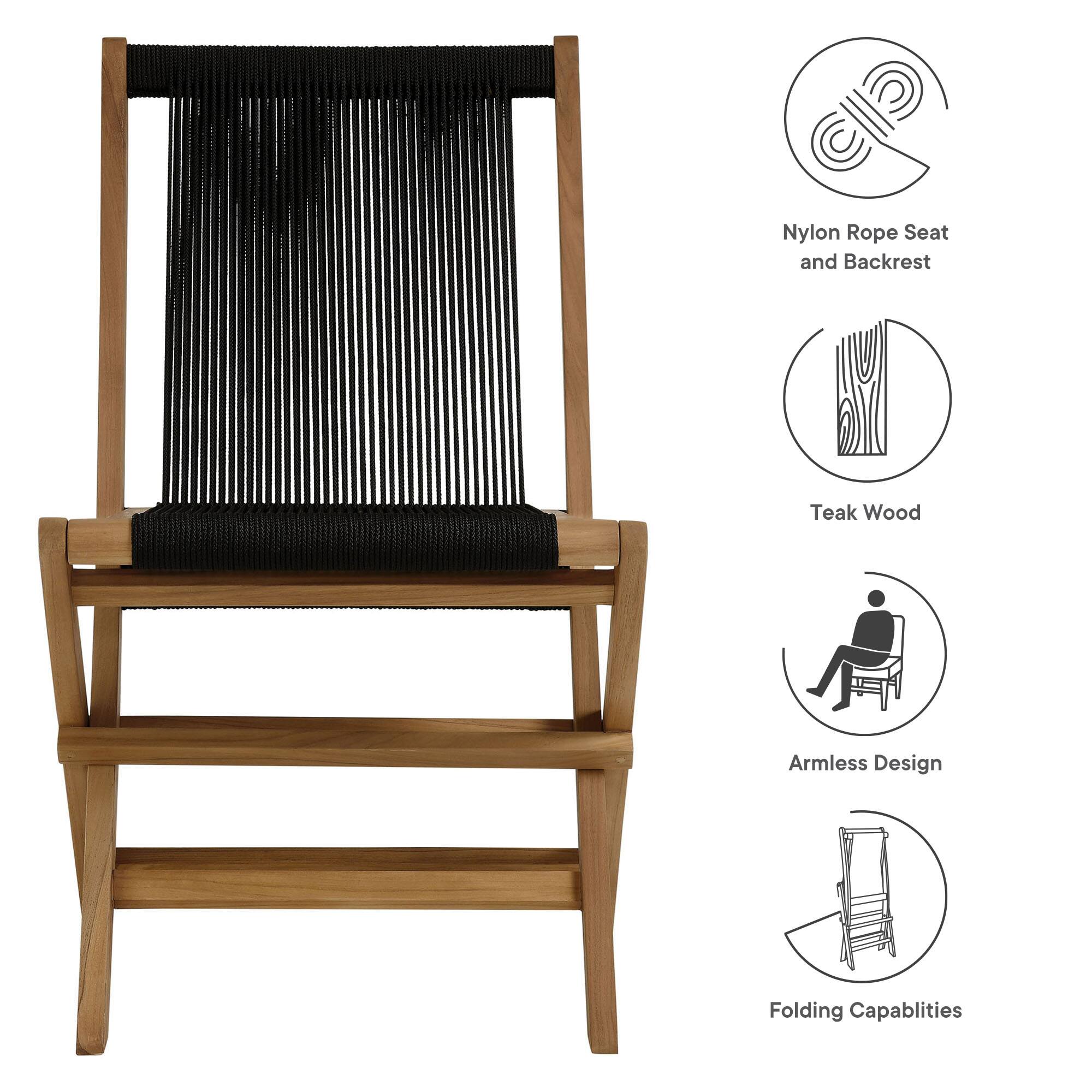 Nylon Rope Seat and Backrest  
Teak Wood  
Armless Design  
Folding Capabilities
