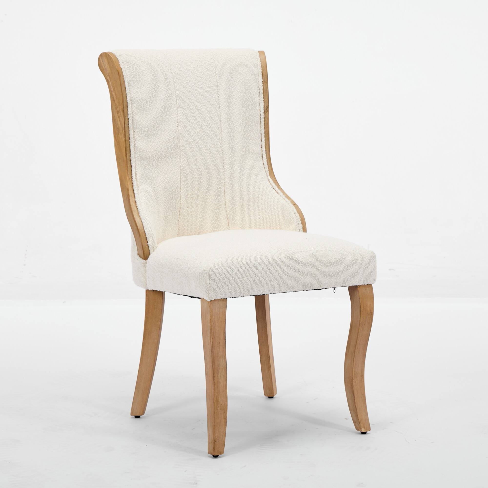 Back. GOODSILO - Mid-Century Modern Upholstered Dining Chairs with Curved Wood Trim and Sculpted Legs, Set of Two in Neutral Beige Fabric - Beige.