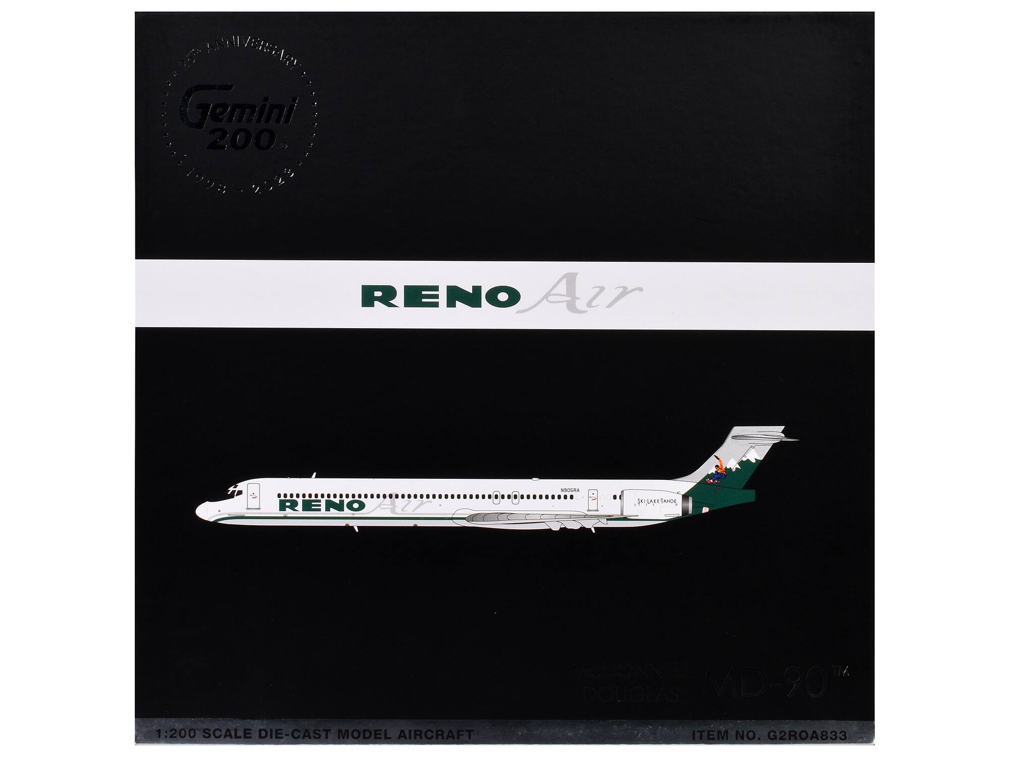 Sure, here is the corrected and grouped text from the image:

---

**Gemini 200**

**RENO Air**

**1:200 SCALE DIE-CAST MODEL AIRCRAFT**

**ITEM NO. G2ROA833**

**MD-90**

**SILKETAMO**

**N858RA**

---

This text is organized based on the layout and content visible in the image.