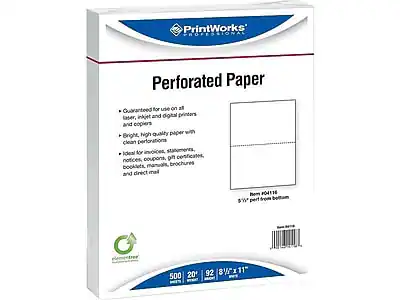 PrintWorks PROFESSIONAL
Perforated Paper
Guaranteed for use on all laser, inkjet, and digital printers and copiers
Bright, high-quality paper with clean perforations
Ideal for invoices, statements, coupons, gift certificates, notices, booklets, manuals, brochures, and direct mail
Item #4118
8 1/2" perforated from bottom
500 sheets
20 lb
92 brightness
8 1/2" x 11"