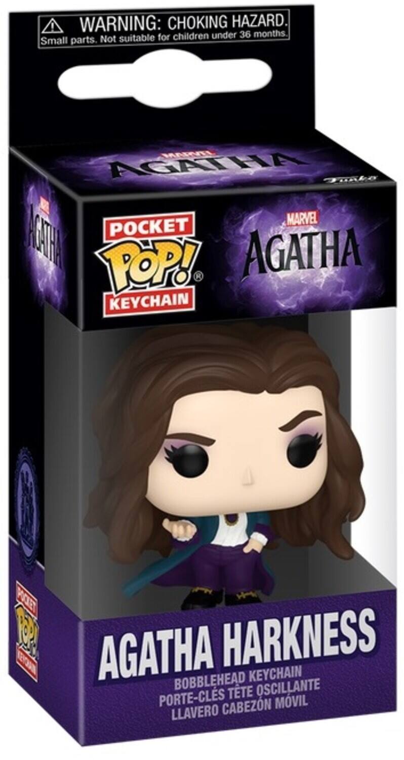 WARNING: CHOKING HAZARD. Small parts. Not suitable for children under 36 months. MAINEL AGATHA POCKET POP! AGATHA KEYCHAIN. AGATHA HARKNESS BOBBLEHEAD KEYCHAIN PORTE-CLÈS OSCILLANTE LLAVERO CABEZON MOVIL.