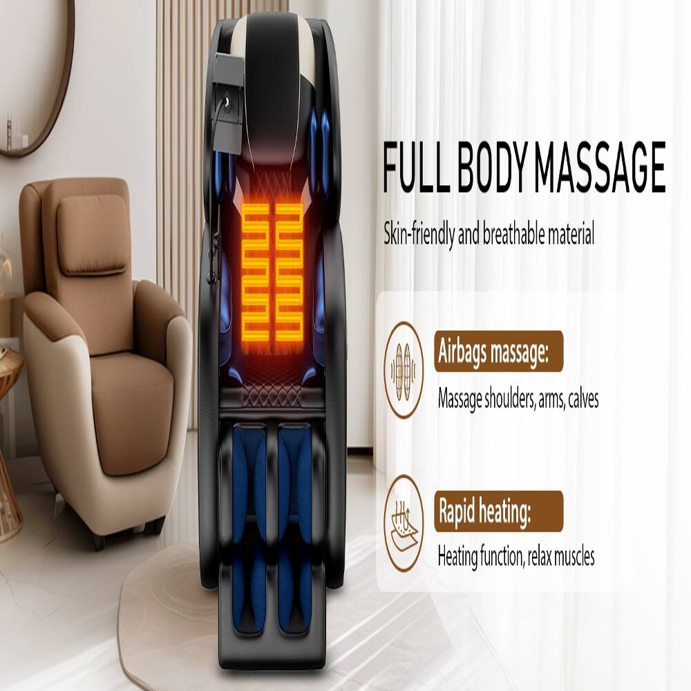 FULL BODY MASSAGE  
Skin-friendly and breathable material  

Airbags massage:  
Massage shoulders, arms, calves  

Rapid heating:  
Heating function, relax muscles