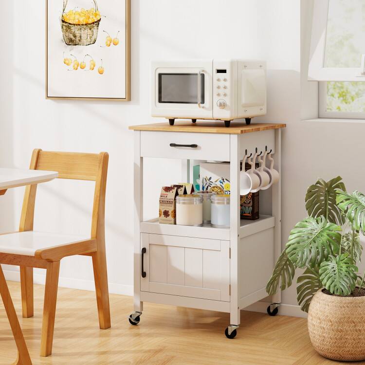 Left. SlickBlue - Mobile Kitchen Cart with Drawer, Side Hooks, and Open Storage Space - White.