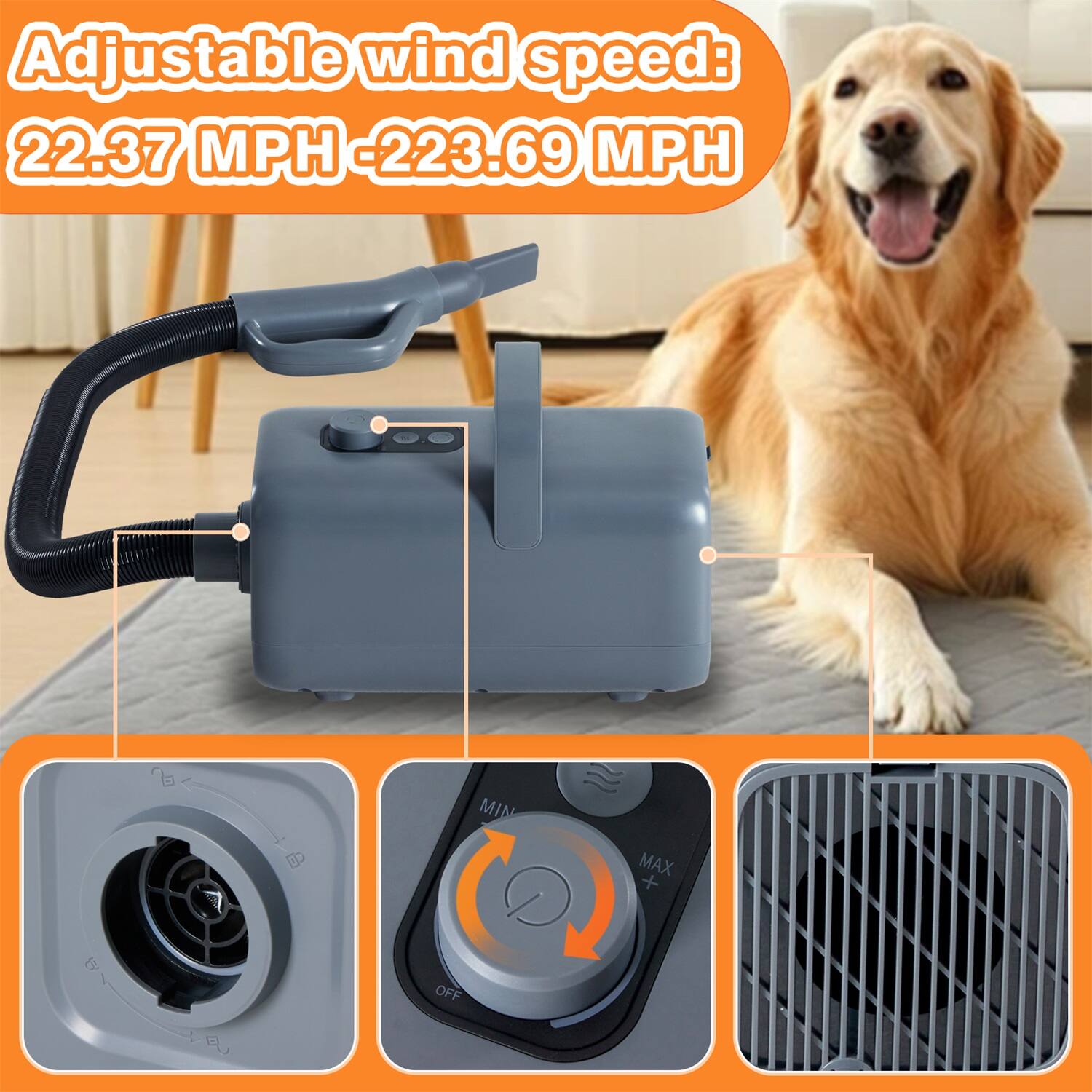 Adjustable wind speed: 22.37 MPH - 223.69 MPH