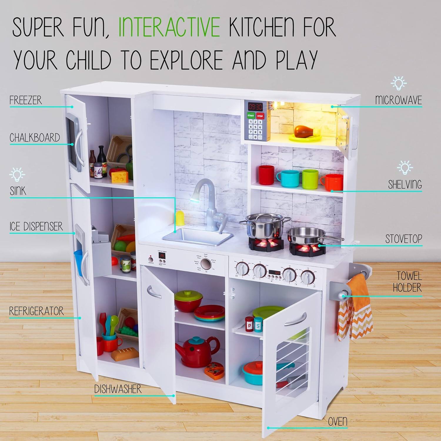 SUPER FUN, INTERACTIVE KITCHEN FOR YOUR CHILD TO EXPLORE AND PLAY

FREEZER
CHALKBOARD
SINK
SHELVING
ICE DISPENSER
STOVETOP
TOWEL HOLDER
REFRIGERATOR
DISHWASHER
OVEN
MICROWAVE
