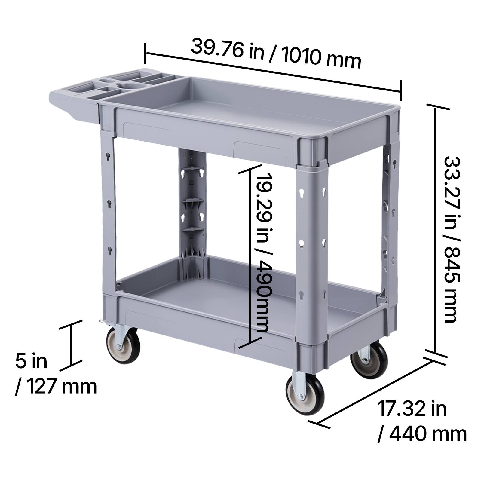 39.76 in / 1010 mm  
5 in / 127 mm  
19.29 in / 490 mm  
33.27 in / 845 mm  
17.32 in / 440 mm
