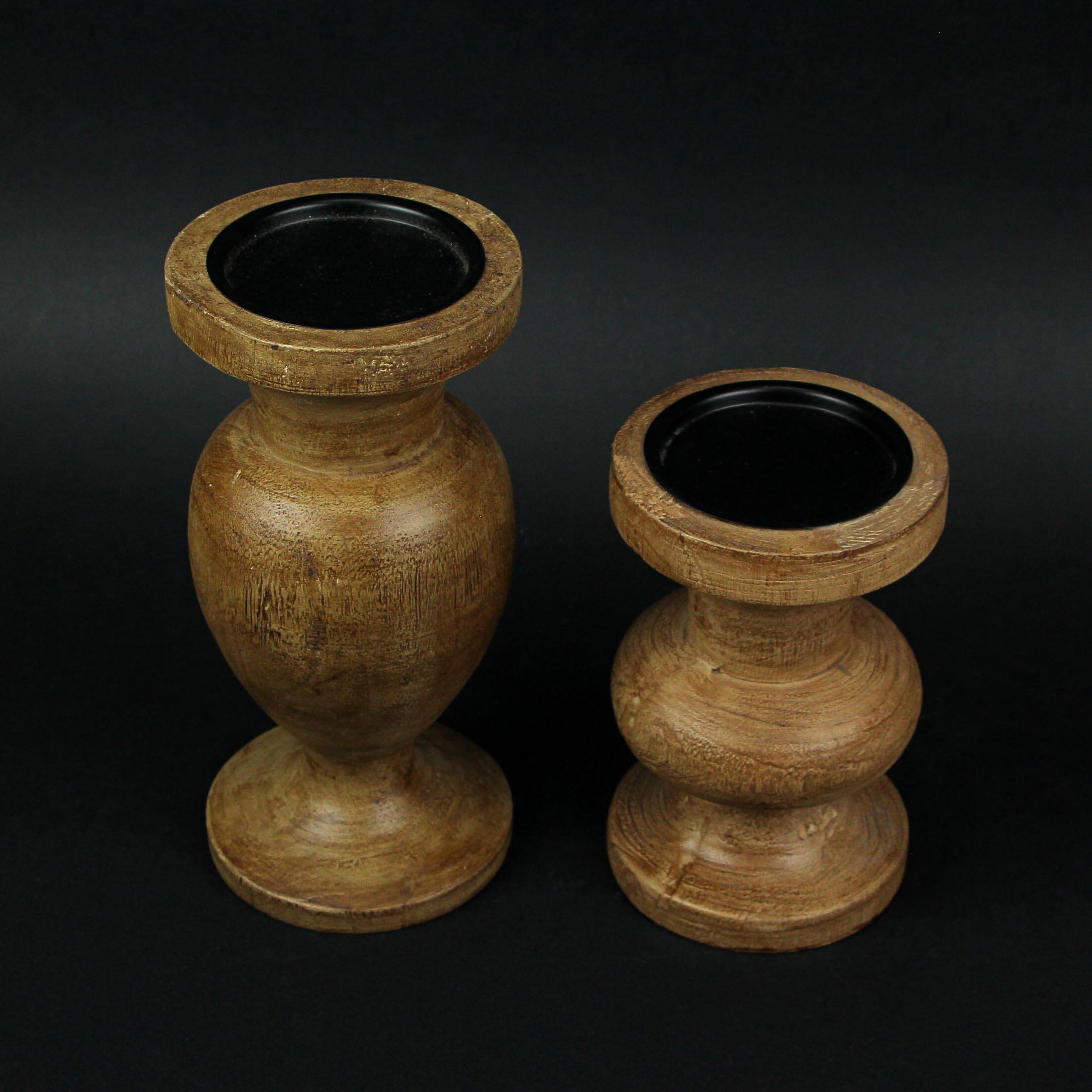 Alt View 3. Things2Die4 - Set of 2 Turned Wood and Metal Pedestal Pillar or Votive Candle Holders - Brown.