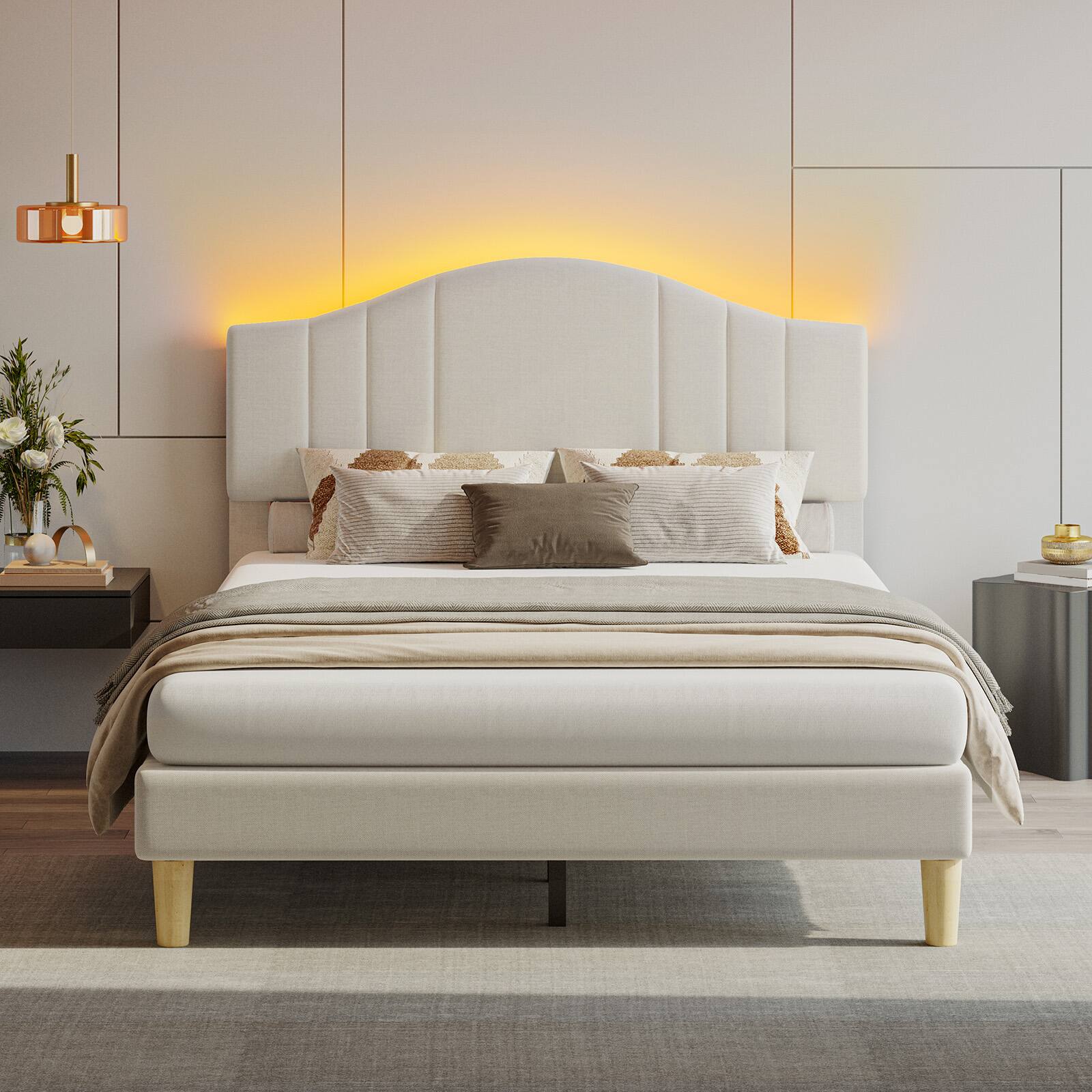 Left. Pinmoco - Pinmoco - Upholstered Platform Bed Frame with Adjustable LED Arc Headboard - Fabric Beige.