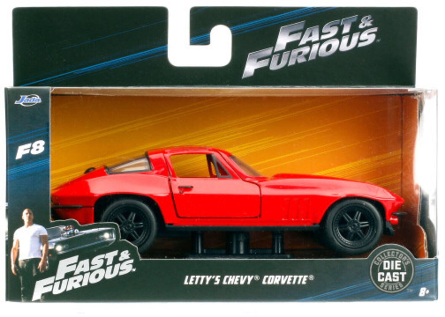 The corrected text is: "Fast & Furious F8, Letty's Chevy Corvette, Die Cast Series."
