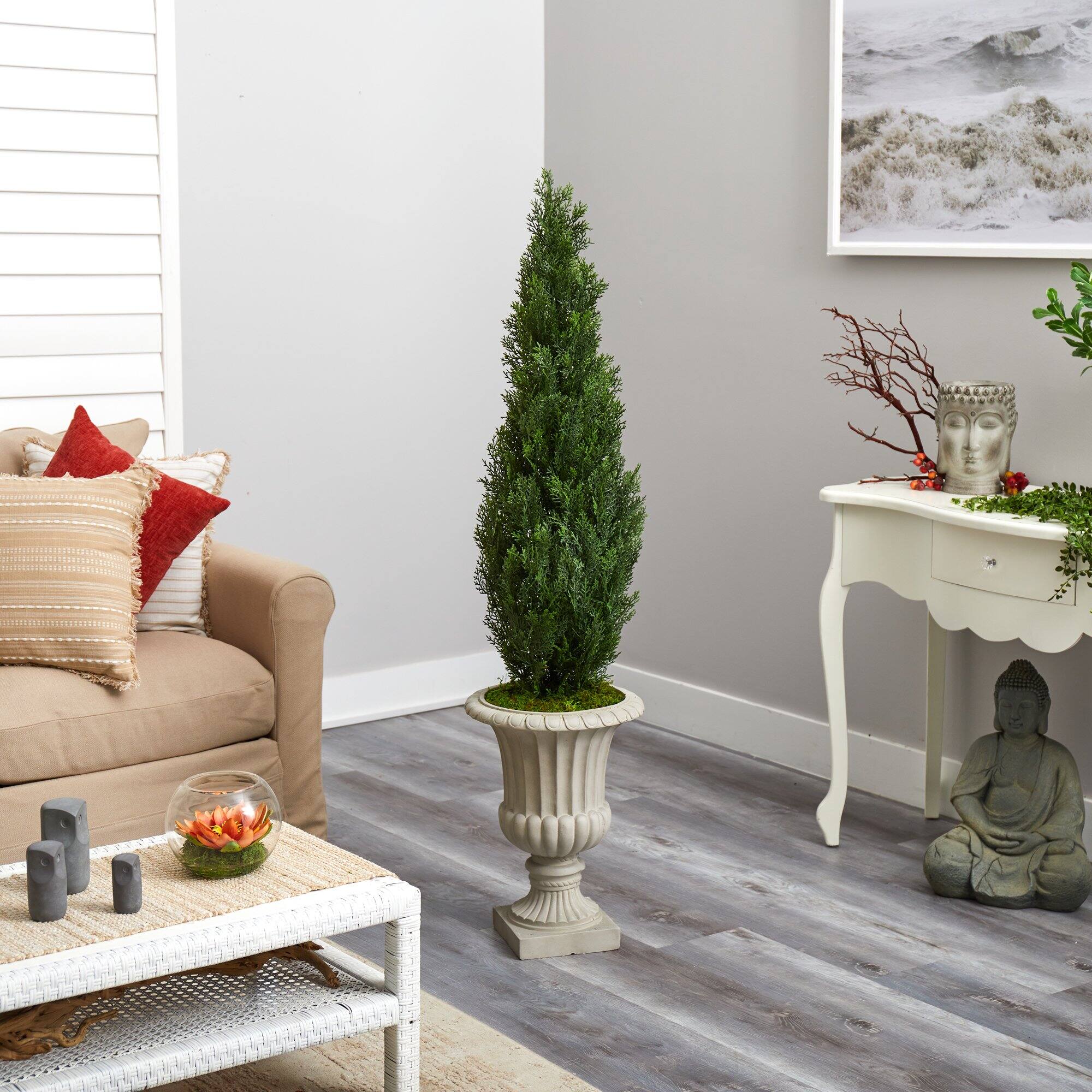 Front. BreeBe - 5' Cedar Artificial Tree in Sand Finished Urn - Green.