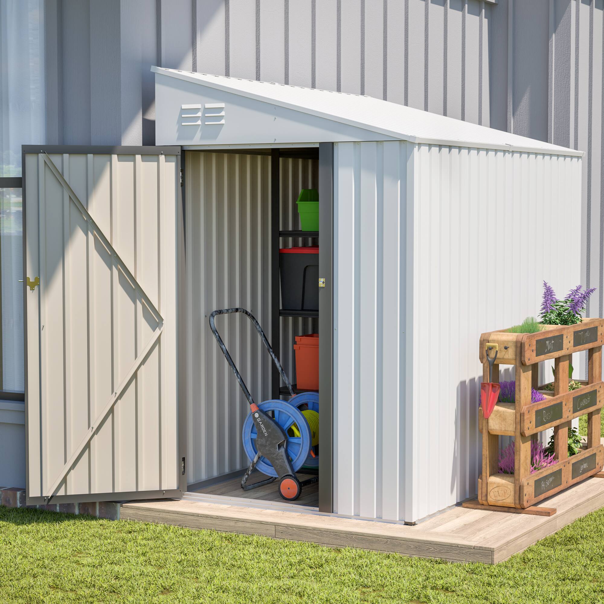 Angle. Lirago - 4x7 FT Outdoor Storage Shed All-Weather Metal Shed with Lockable Doors - White.