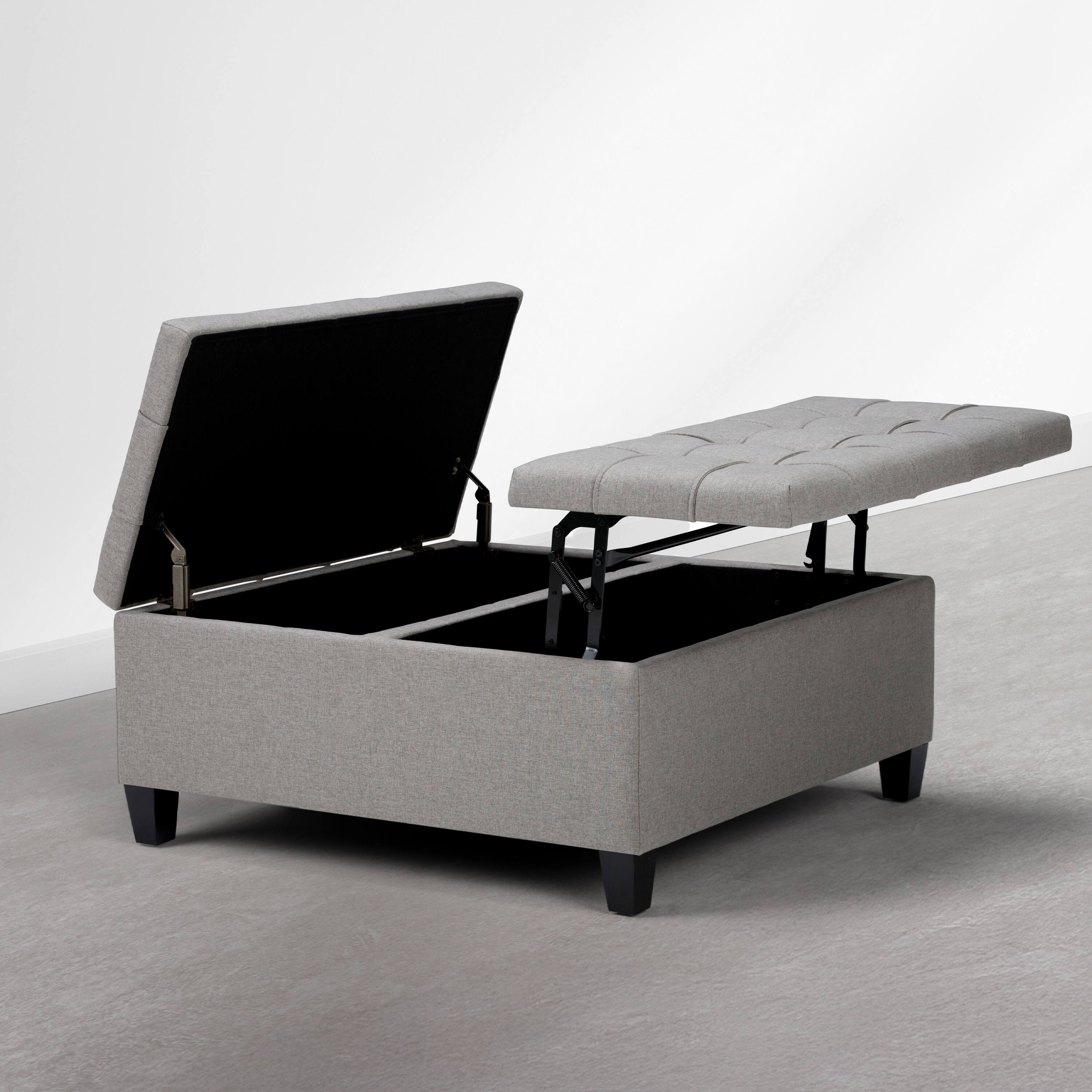 Left. Simpli Home - Harrison 36 inch Wide Upholstered Solid Wood Square Storage Ottoman, Oyster Grey - Oyster Grey.