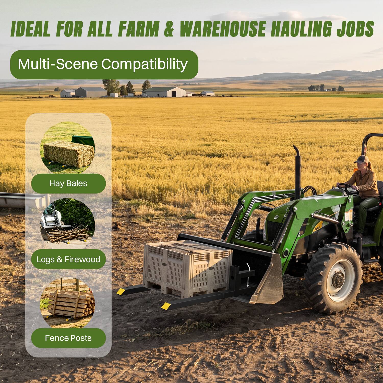 IDEAL FOR ALL FARM & WAREHOUSE HAULING JOBS

Multi-Scene Compatibility

- Hay Bales
- Logs & Firewood
- Fence Posts